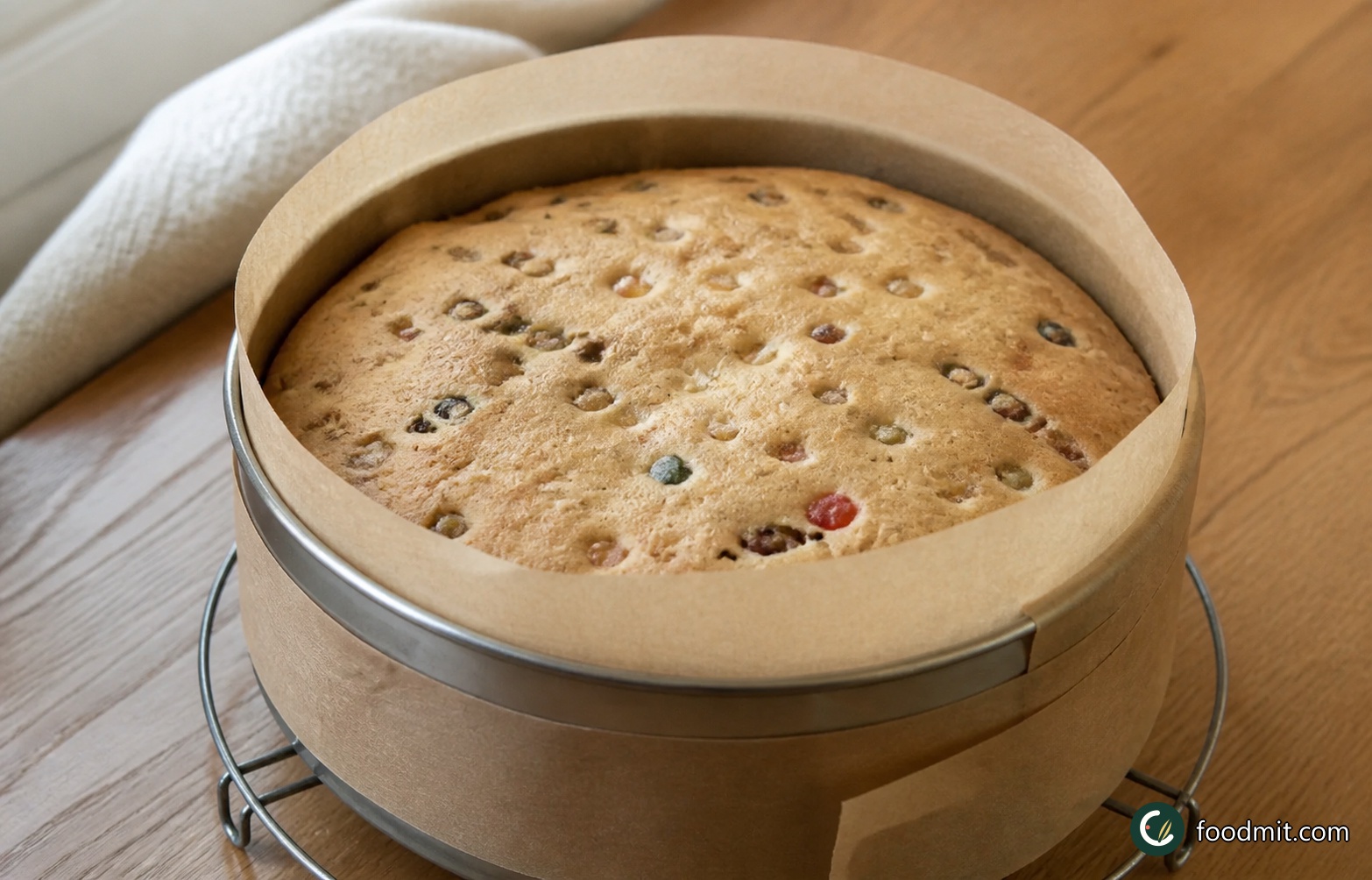 Bake at 170°C, gas mark 3, for 1 hour. Leave the oven closed during this first stage so the cake receives steady heat and begins to set before it is covered. At the end of the hour, work promptly but carefully when opening the oven, as the tin and its paper collar will be hot.