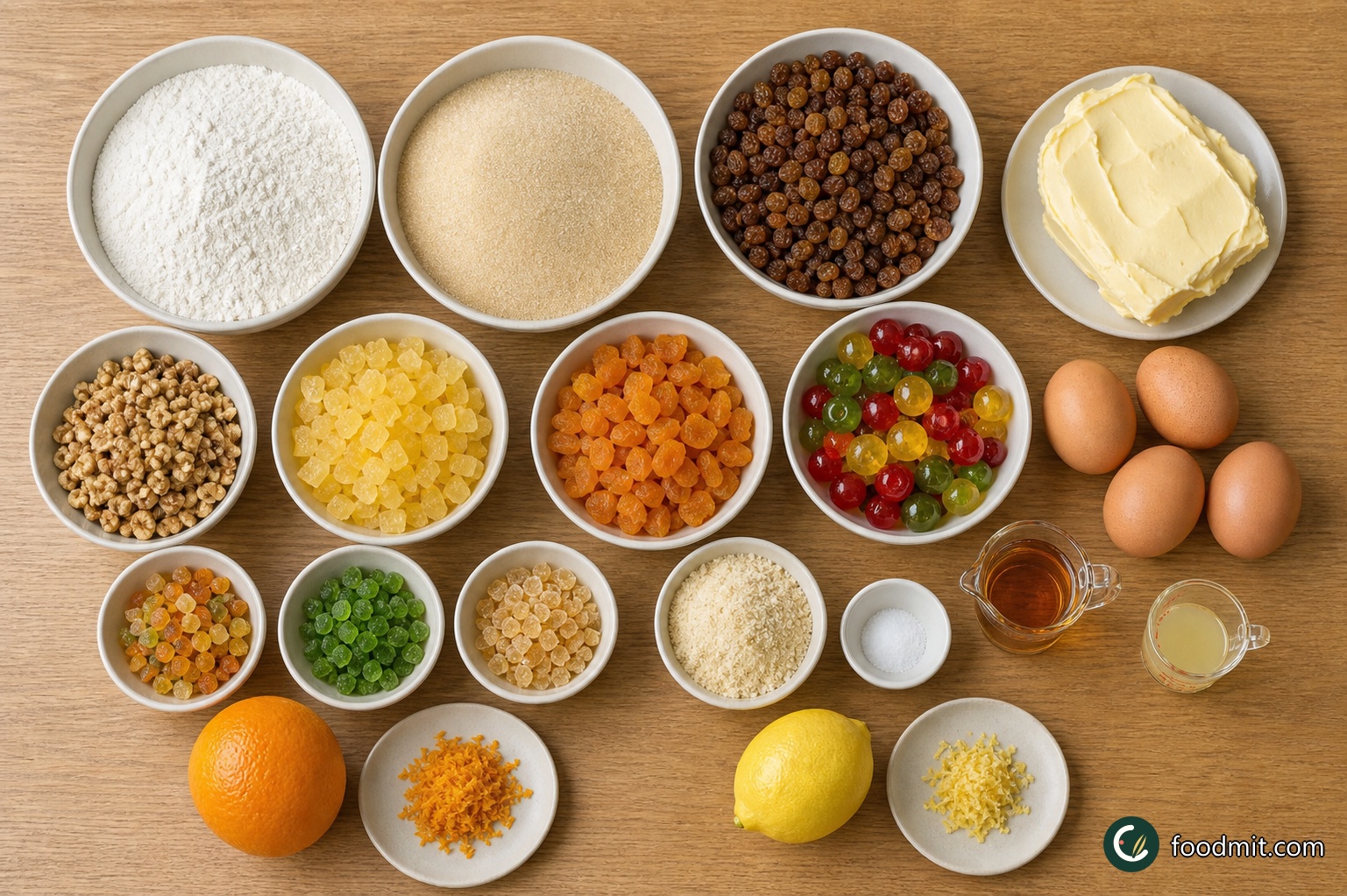 All ingredients for Light Christmas Cake arranged on a table
