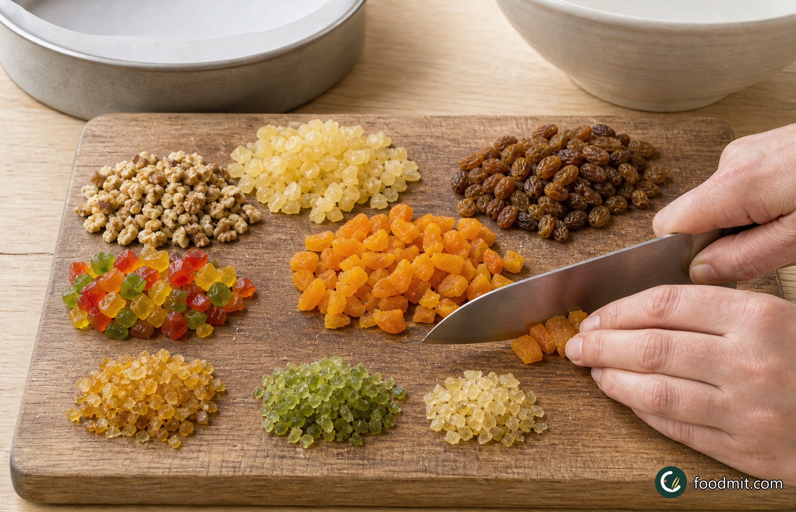 Preheat the oven to 170°C, gas mark 3. Grease a 20 cm loose-based round cake tin and line both its base and sides. Finely chop the walnuts. Cut the glacé pineapple, dried apricots and rinsed, thoroughly dried cherries into pieces about the size of the sultanas, then chop the candied peel, angelica and crystallised ginger more finely. Keep everything ready beside a large mixing bowl.