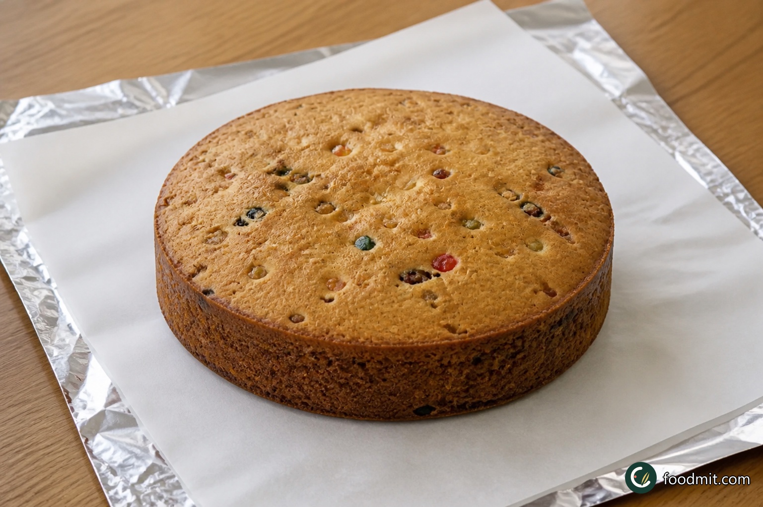 Leave the baked cake in its tin until it is completely cold, including at the centre; the firm tin supports it as it settles. Release it only when no warmth remains, peel away all the lining paper, and wrap the cake in foil lined with fresh baking parchment. Place the wrapped cake in an airtight tin until it is time to slice and serve.