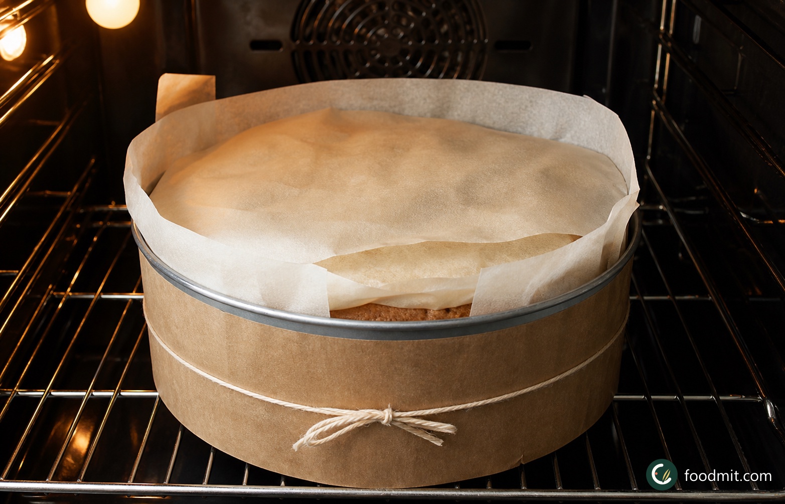 Lay a double sheet of baking parchment over the top, allowing it to rest on the projecting tin liner without pressing it onto the cake. Reduce the oven to 150°C, gas mark 2, and bake for a further 2 hours. The cake is ready when the centre feels set and springs back under a very light press with your little finger.
