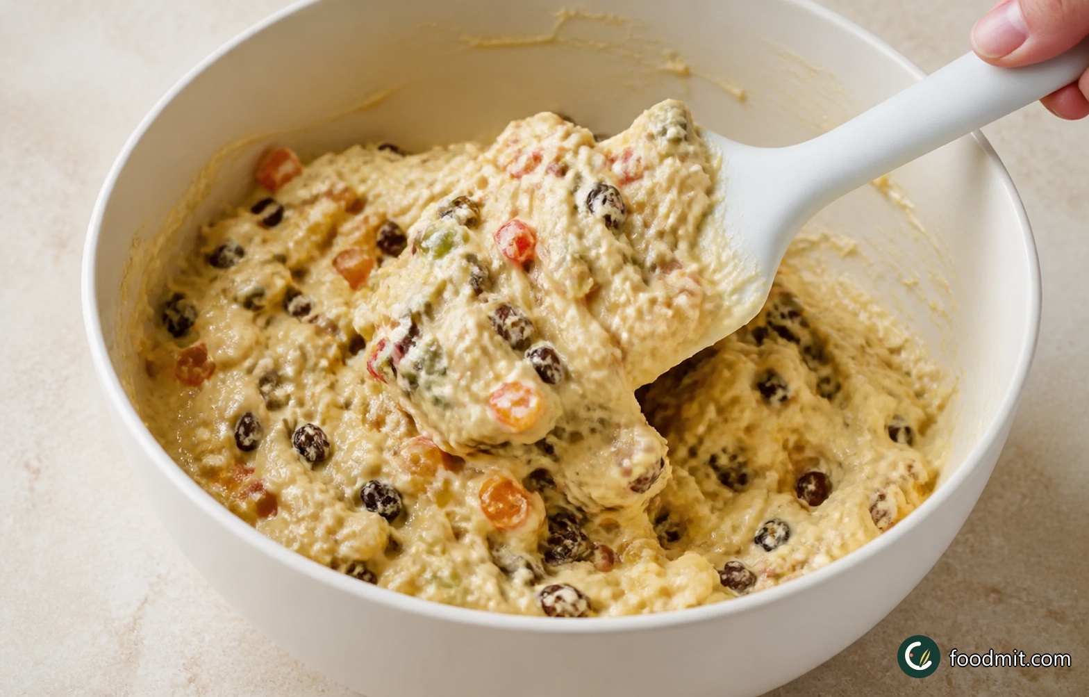 Add the chopped walnuts, pineapple, apricots, cherries, candied peel, angelica and crystallised ginger, followed by the sultanas, orange zest, lemon zest and lemon juice. Use a large spoon or spatula to fold from the bottom of the bowl until the fruit and nuts are evenly dispersed and there are no pockets of plain batter.