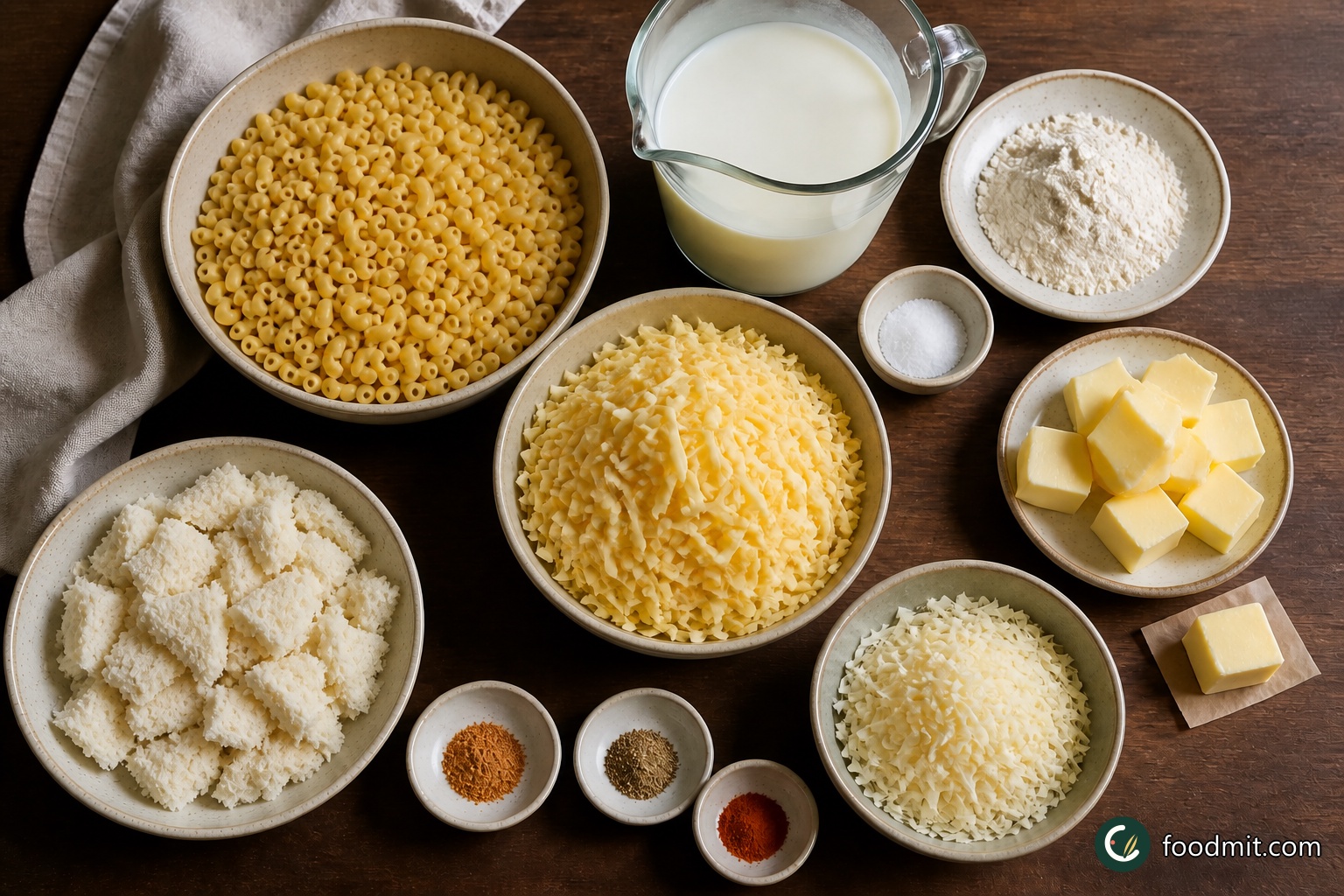 All ingredients for Macaroni and Cheese arranged on a table