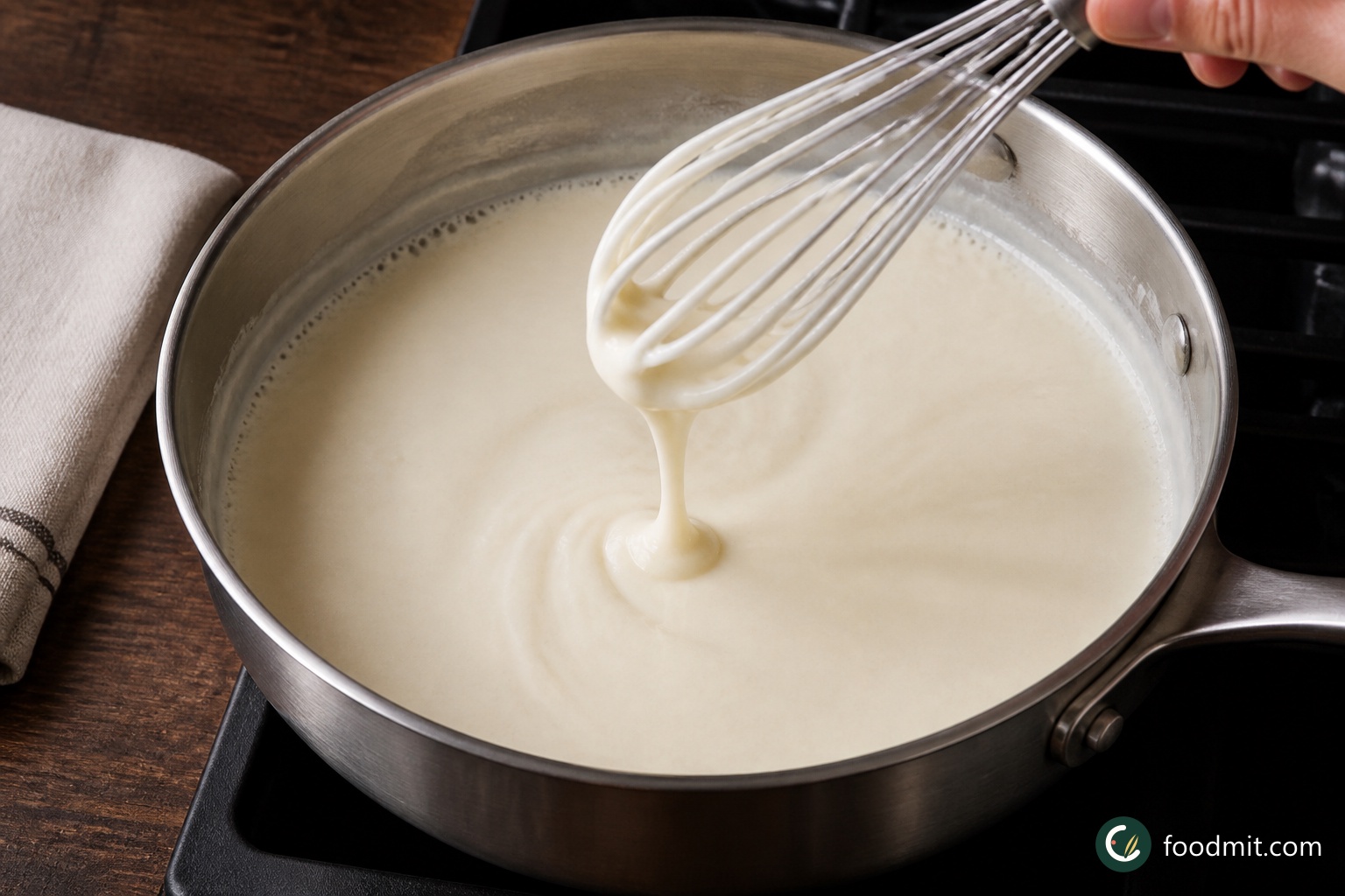 Pour the hot milk into the skillet in a slow stream while whisking continuously, working out any lumps as you go. Continue to cook and whisk over medium heat until the sauce begins to bubble and has visibly thickened enough to coat the whisk.