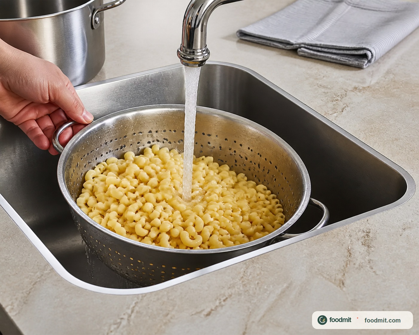 Bring a large saucepan of water to a boil and add the elbow macaroni. Cook it for 2 to 3 minutes less than the package directs: the outside should be cooked, but the center should still be noticeably underdone. Drain in a colander, rinse under cold running water to stop the cooking, and drain very well.
