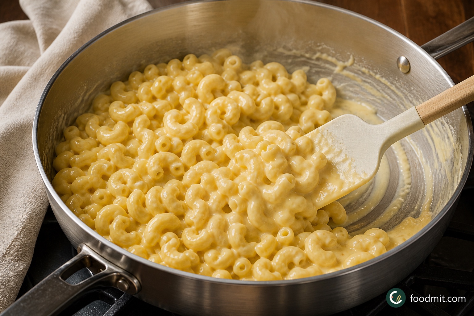 Add the well-drained macaroni to the reserved cheese sauce. Fold until every elbow is coated and the sauce is evenly distributed, scraping along the bottom and sides of the skillet so no pockets of plain pasta remain.
