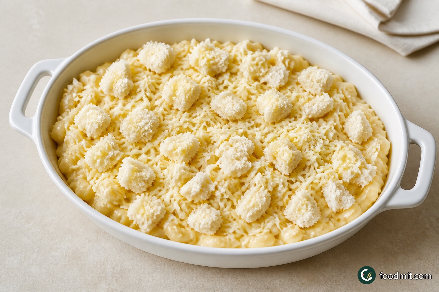 Transfer the coated macaroni to the buttered dish and spread it into an even layer. Scatter over the remaining 1 1/2 cups cheddar, then add either the remaining 1/2 cup Gruyère or 1/4 cup Pecorino Romano. Finish with the buttered bread pieces, distributing them across the surface.