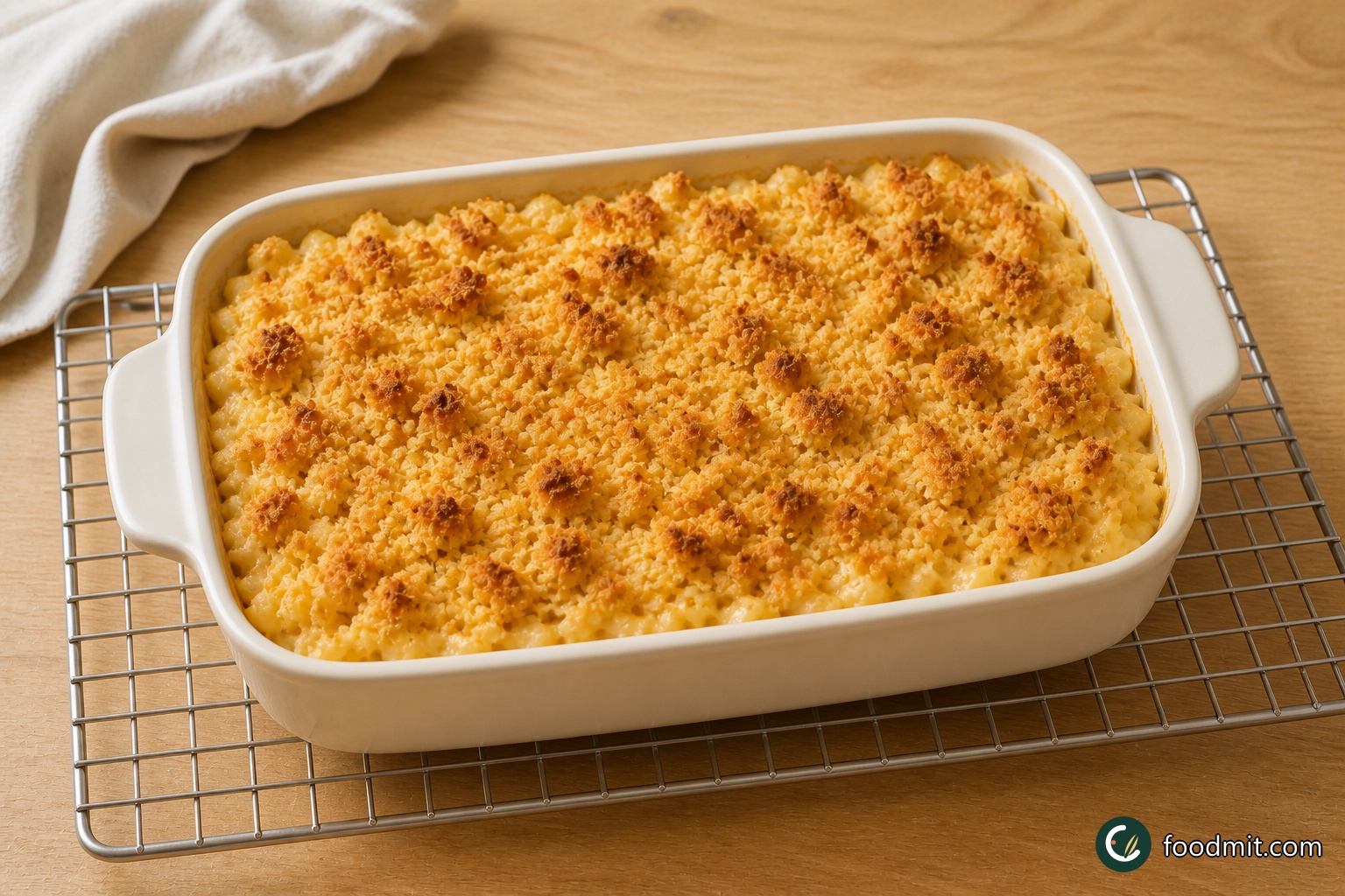 Bake for about 30 minutes, until the top is well browned and the sauce is bubbling around the edges. Move the dish to a wire rack and let it stand for 5 minutes before serving hot; the brief rest allows the sauce to settle without losing its creamy texture.