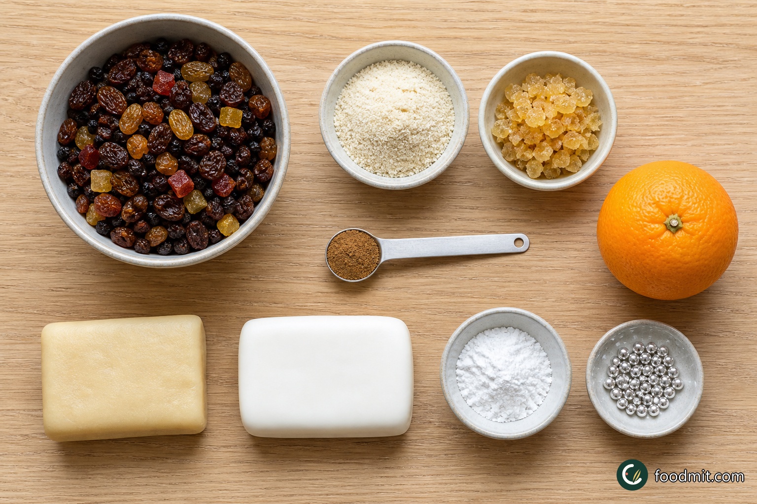 All ingredients for Mini christmas cakes arranged on a table