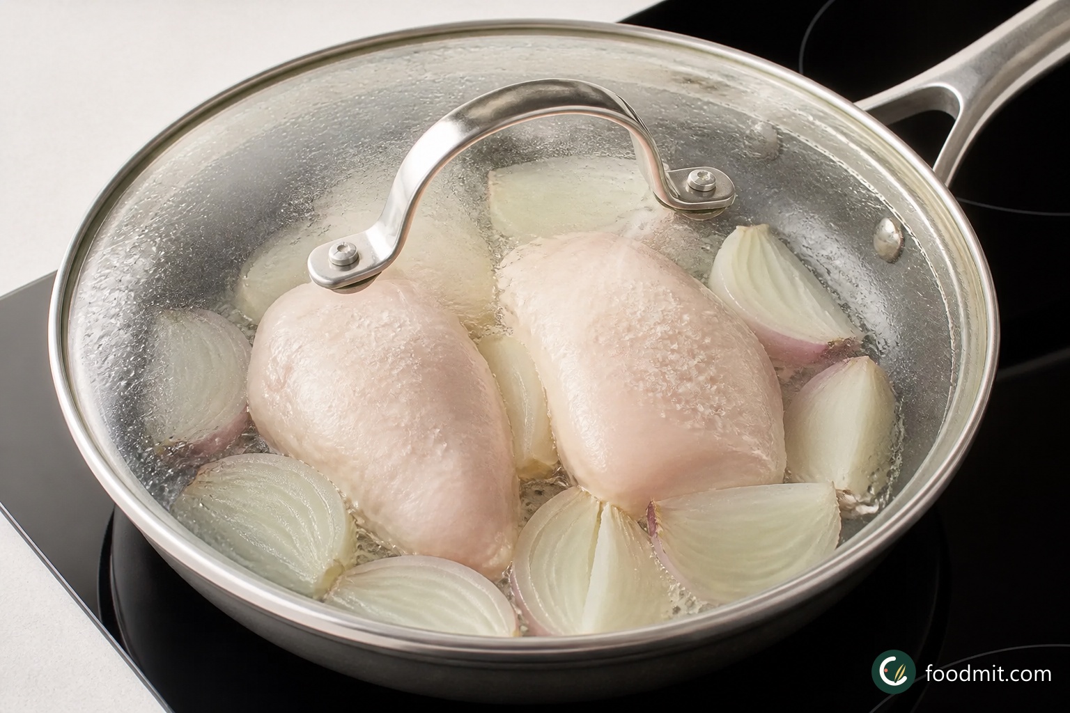 While the potatoes cook, place a large frying pan over medium-high heat. Peel the onion, cut it into eight wedges, and separate the layers into petals. Pour the 150 ml water into the pan with the onion. Lightly season the chicken with sea salt, set the breasts on top of the onions, cover, and cook for 6 minutes, shaking the pan from time to time so the onion moves around. The onion should soften and the chicken will begin turning opaque; it finishes cooking in the sauce.