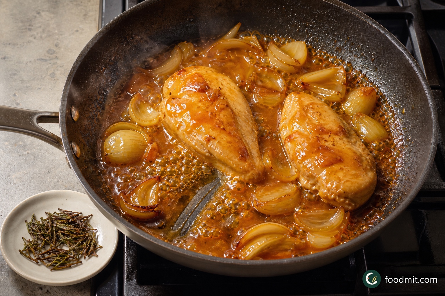 Remove the pan lid and let every visible trace of water boil away. Add the olive oil and allow the chicken and onions to start frying, then push them to one side. Fry the rosemary leaves in the clear side of the pan until crisp and remove them to a plate. Stir in the marmalade, add the brandy, and, only if you are comfortable doing so, carefully ignite it; otherwise let it bubble briskly. Squeeze in the juice from the remaining three orange halves and simmer over low heat for 5 minutes. Spoon the sauce over the chicken as it reduces. It is ready when the glaze looks glossy and clings to the meat, the onions are burnished, and the chicken is opaque through the thickest part and has reached 74°C.
