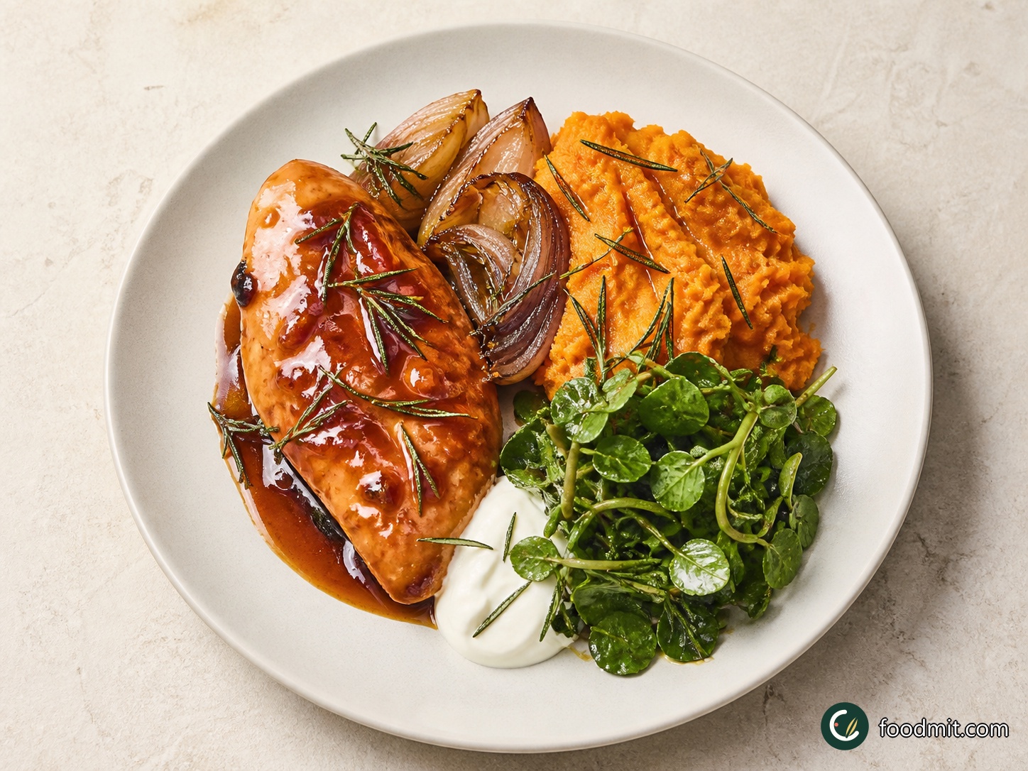 Mash the softened potatoes with the remaining 1 teaspoon extra virgin olive oil and season with sea salt. Toss the watercress through the orange-mustard dressing in its bowl. Divide the mash between two plates, add the glazed chicken and onion petals, and spoon over every bit of sauce. Scatter with the crisp rosemary and finish each plate with 1 tablespoon of Greek yoghurt. Serve immediately, while the glaze is shiny and the rosemary is still crisp.