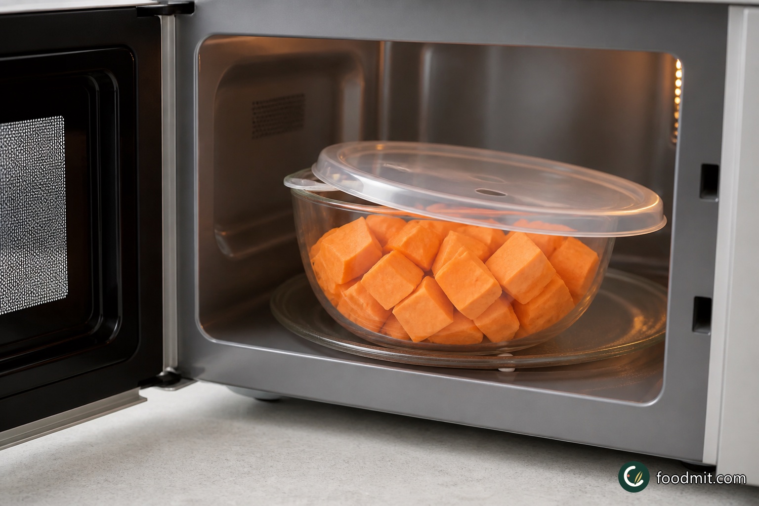 Peel the sweet potatoes and cut them into roughly 3 cm chunks. Put them in a microwave-safe bowl, cover loosely, and microwave at full power in an 800-watt microwave for 7 minutes. Check the thickest pieces with a fork; they should yield all the way through without a firm centre.