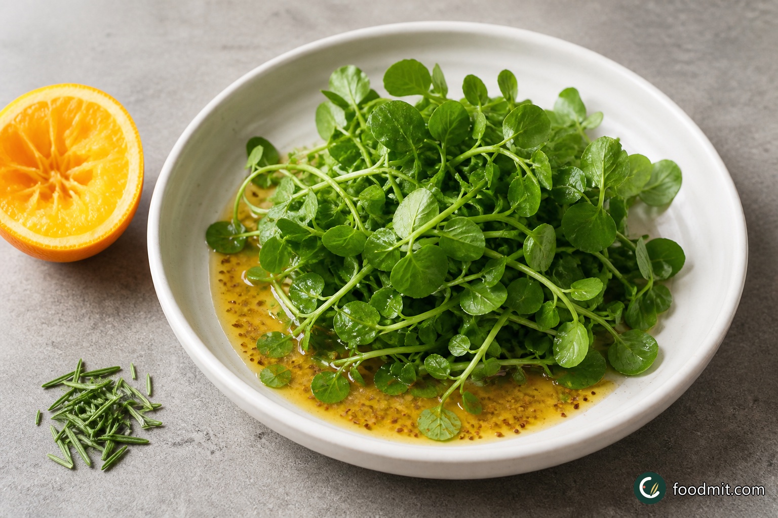 Strip the rosemary leaves from their stems and halve both oranges. Squeeze one orange half into a large, shallow serving bowl. Whisk in the wholegrain mustard, red wine vinegar, 1 teaspoon of the extra virgin olive oil, and a small pinch of sea salt. Set the watercress on top but do not toss it yet; waiting keeps the leaves lively while the hot food finishes.