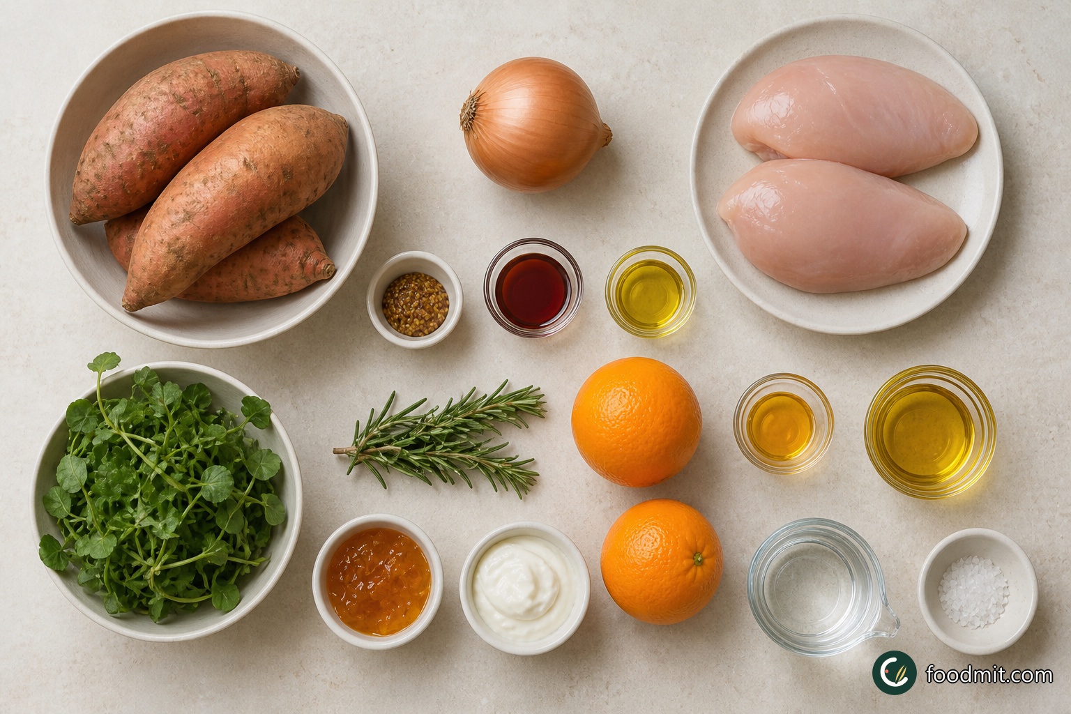 All ingredients for Sticky orange chicken arranged on a table