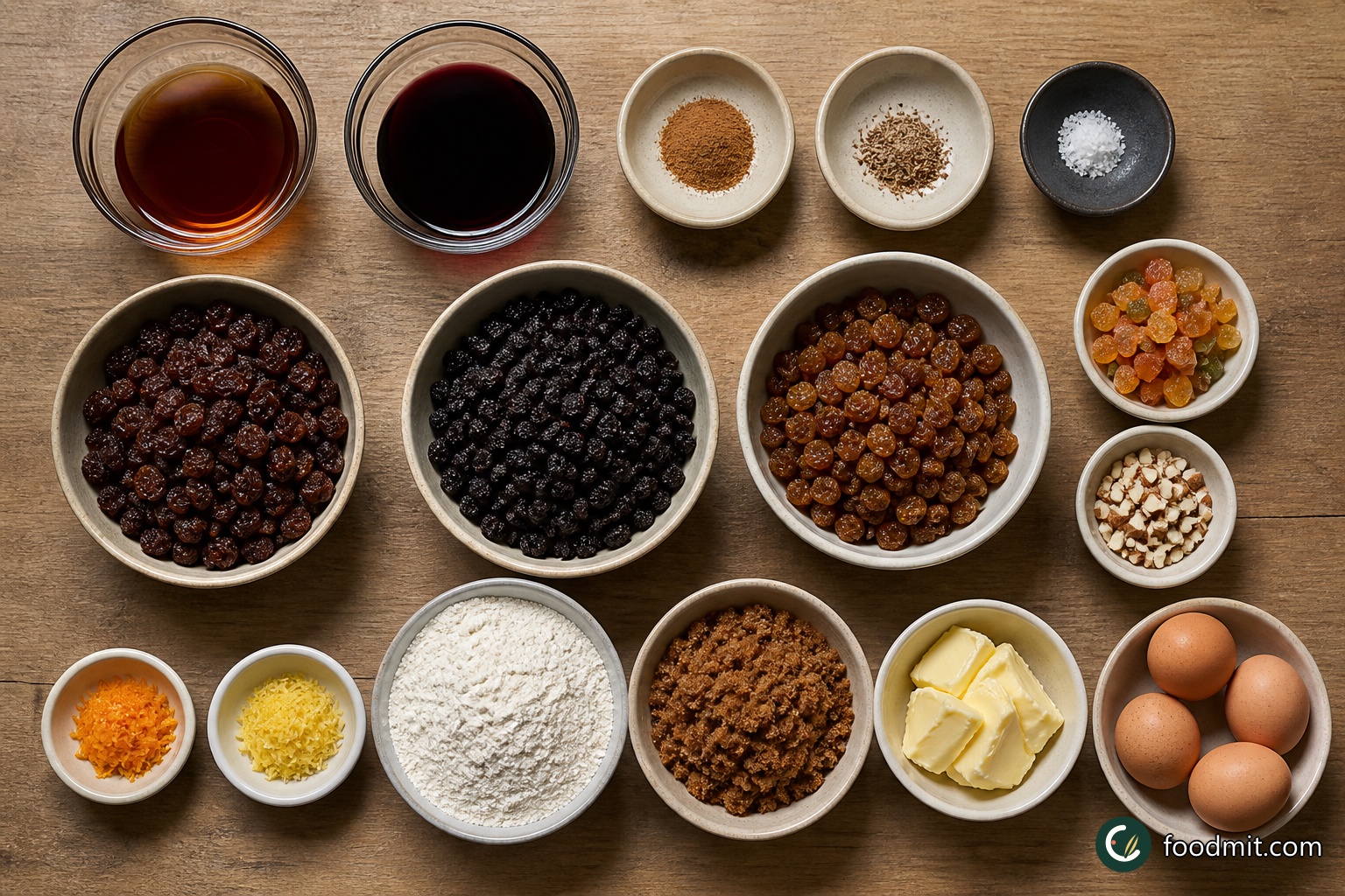 All ingredients for Traditional Christmas Fruit Cake arranged on a table