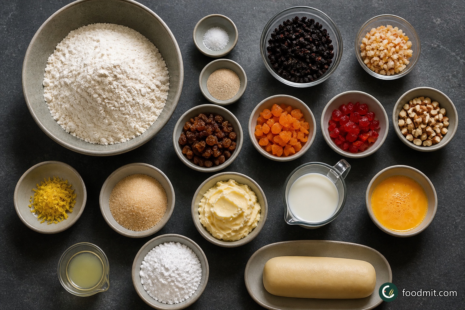 All ingredients for Christmas Stollen arranged on a table