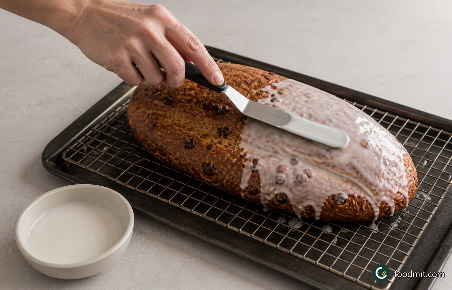 Leave the baked loaf on its sheet for about 5 minutes, then carefully transfer it to a wire rack. Stir the sifted icing sugar and lemon juice together until smooth. While the stollen is still warm, spread the glaze over the whole top with a palette knife and let it settle before cutting the loaf into thick slices.