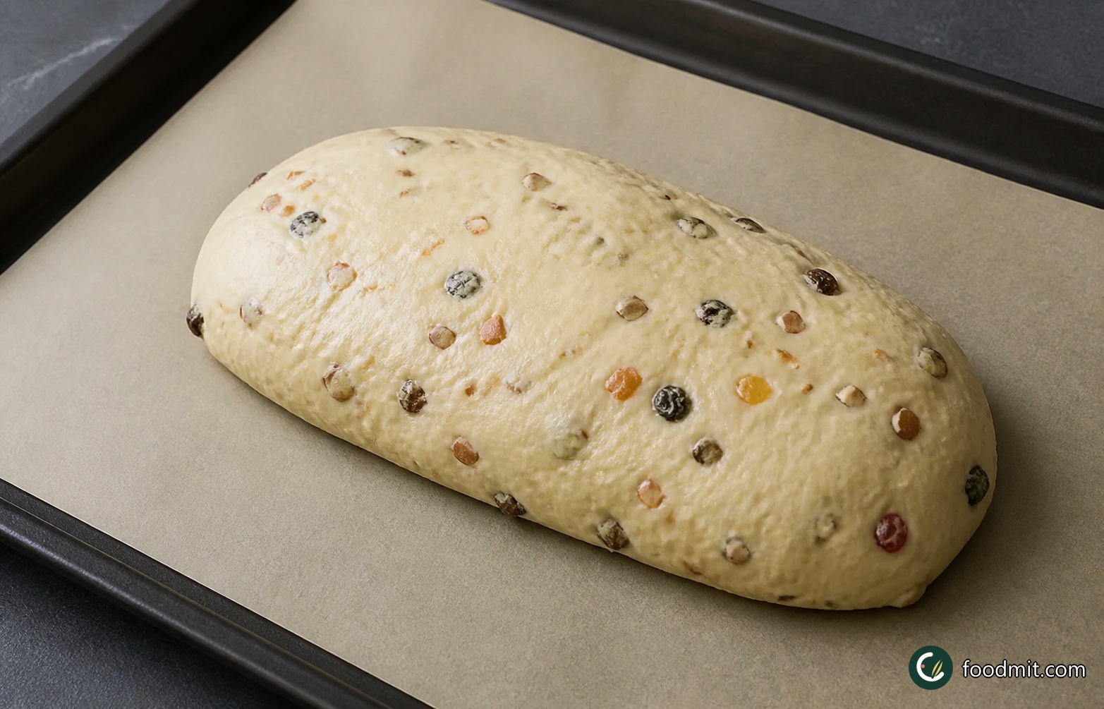 Cover the entire baking sheet with one large, lightly oiled food-safe bag, or use two if needed so the covering does not restrict the loaf. Leave the stollen in a warm place until it has doubled in size again. Expect roughly 1 hour, but judge readiness by the loaf's volume rather than removing the cover simply because the hour has passed.