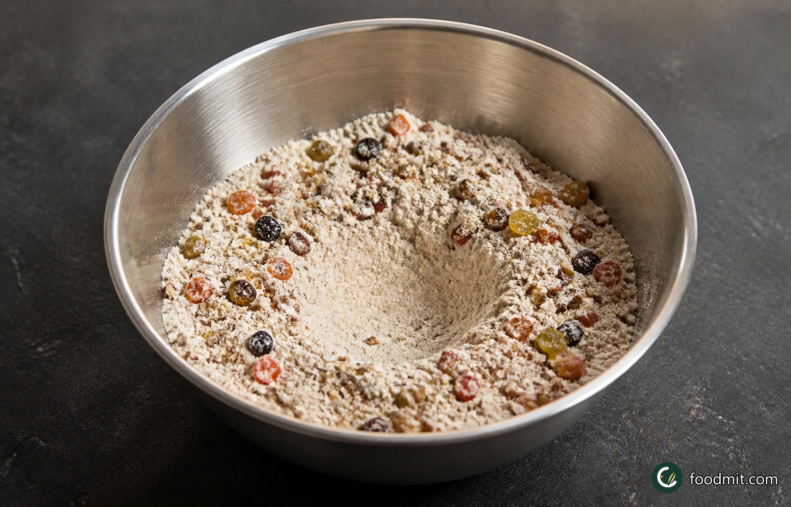 Put 300 g of the flour in a mixing bowl with the salt and easy-bake yeast, and stir briefly. Add the currants, candied peel, sultanas, chopped apricots, quartered glacé cherries, almonds, lemon zest, and golden caster sugar. Mix again so the fruit and nuts are spread evenly, then form a well in the centre.