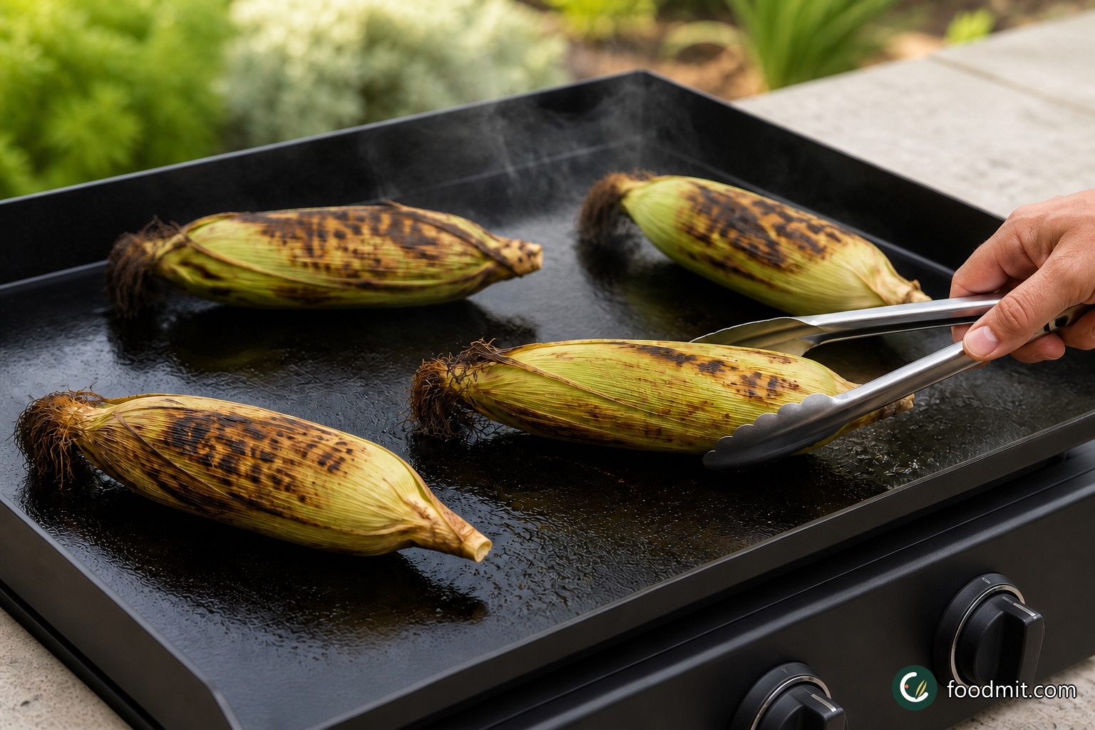 Lift the soaked cobs from the water and let the excess drain away. Set them on the hot barbecue with their husks still on and cook for 15 minutes, rotating them often so the outside chars on several sides while the kernels cook inside. Transfer the cobs to a board when the husks are well marked.