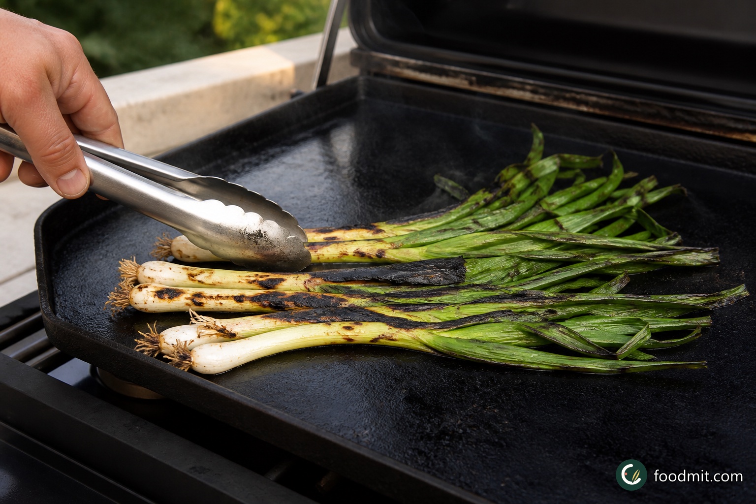 Lay the spring onions on the hot barbecue and cook them for 5 minutes, turning as needed, until they have softened and picked up dark char marks. Trim away the roots, roughly chop the onions, and add them straight to the bowl of dressing so their warm surfaces take on its flavor.