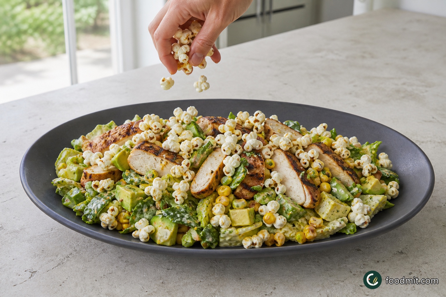 Pull back and discard the blackened corn husks. Stand each cob securely on the board and slice downward with a sharp knife, directing the kernels into the serving bowl. Toss the salad until the corn and dressing are evenly spread, then mound it on one large platter or divide it among bowls. Slice the rested chicken, arrange it over the salad, and scatter the popcorn on top at the last moment.