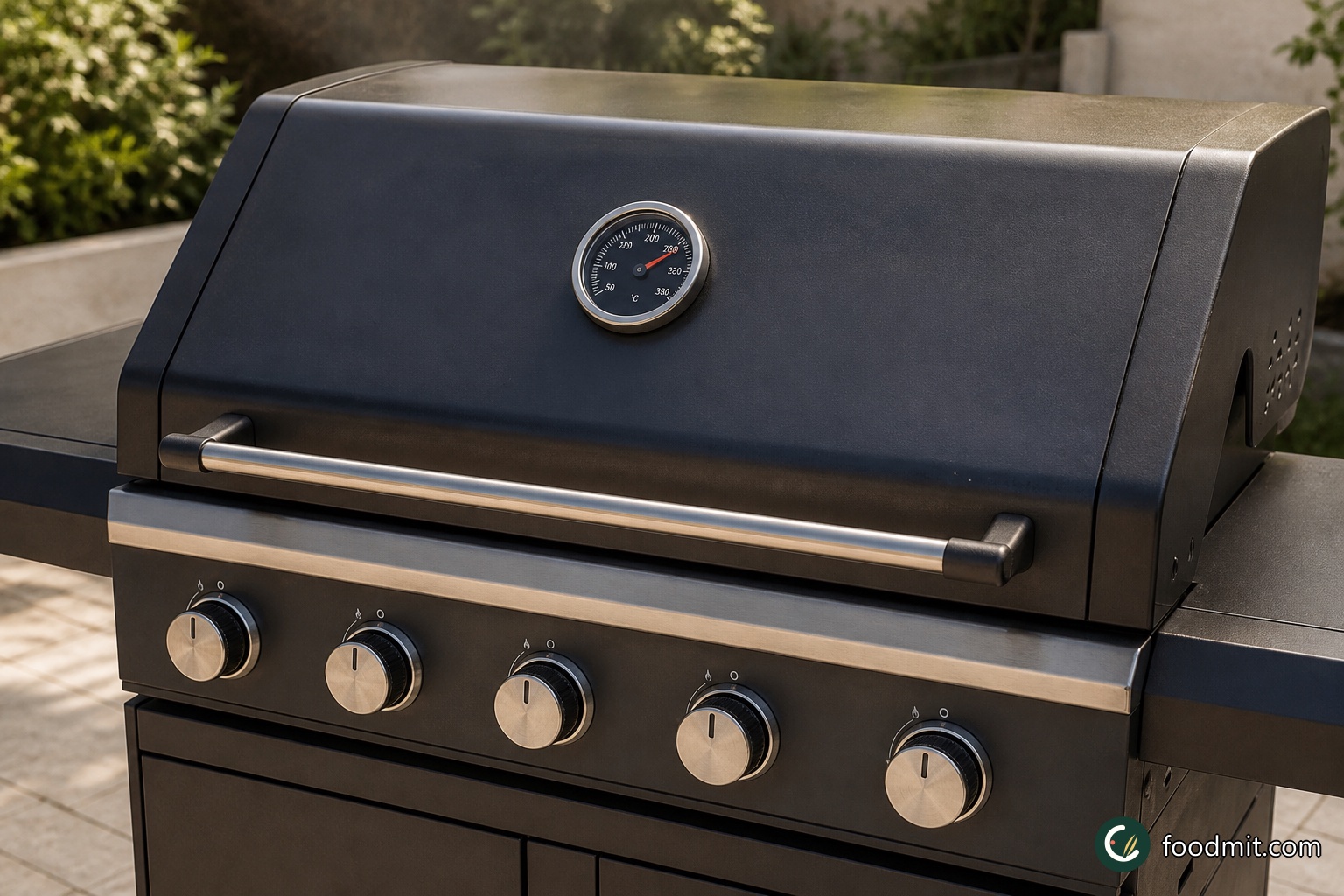 Light every burner on the gas barbecue and set them to full power. Close the lid and let the barbecue heat until its gauge reads about 290°C. Have barbecue tongs, a hot griddle or slate surface, and a basting dome ready before the food goes on.