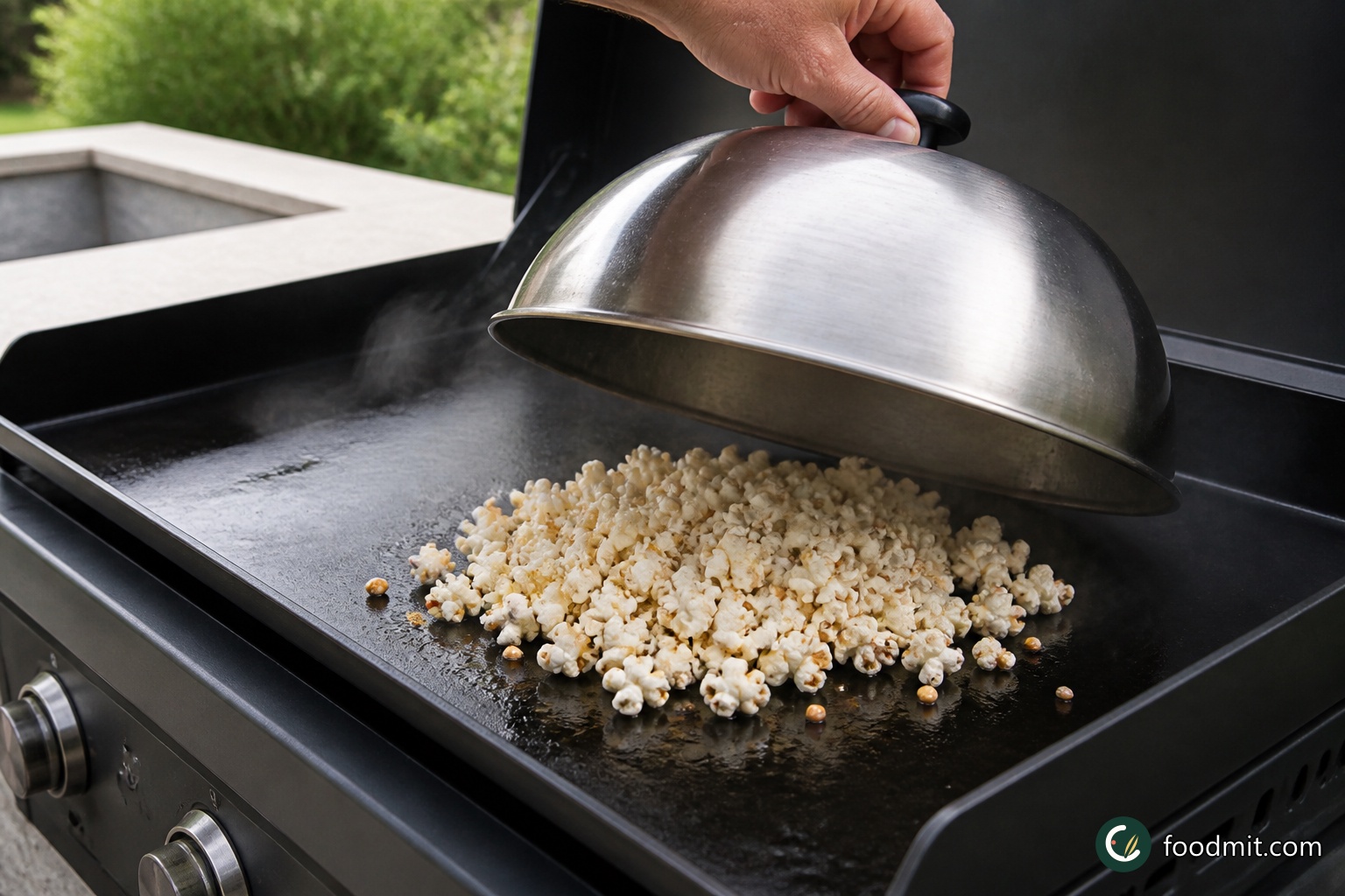 Scatter the popping corn directly over the chicken drippings left on the slate. Cover it immediately with the basting dome, then cook for 3 minutes, shifting the dome around from time to time so the kernels move and heat evenly. When the popping has finished, tip the popcorn into a large bowl and give it a very small pinch of salt.