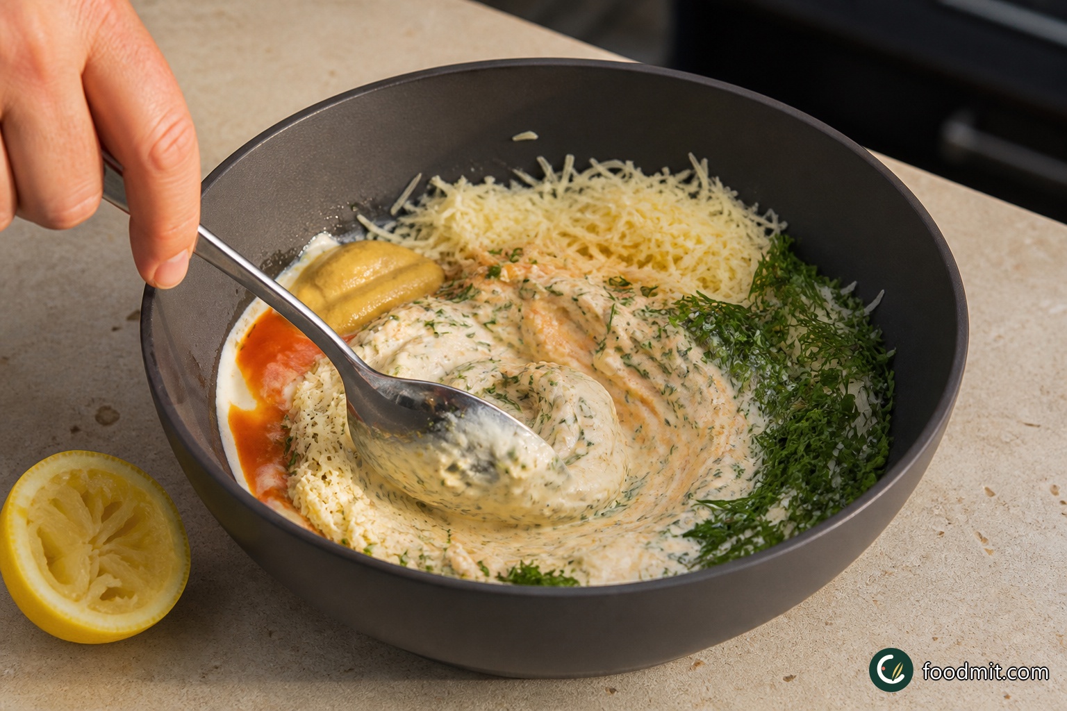 Put the natural yoghurt, English mustard and Tabasco into a large serving bowl. Squeeze in the lemon juice, finely grate in all the Cheddar, and finely chop the mixed soft herbs before adding them. Stir thoroughly until the cheese and herbs are evenly distributed and the dressing looks cohesive.