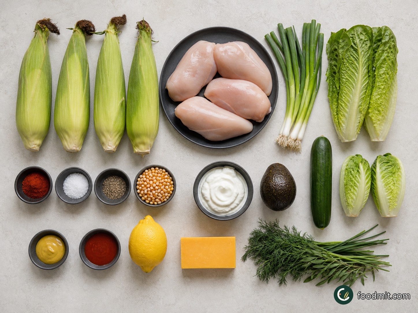 All ingredients for Corn, avocado and chicken salad arranged on a table