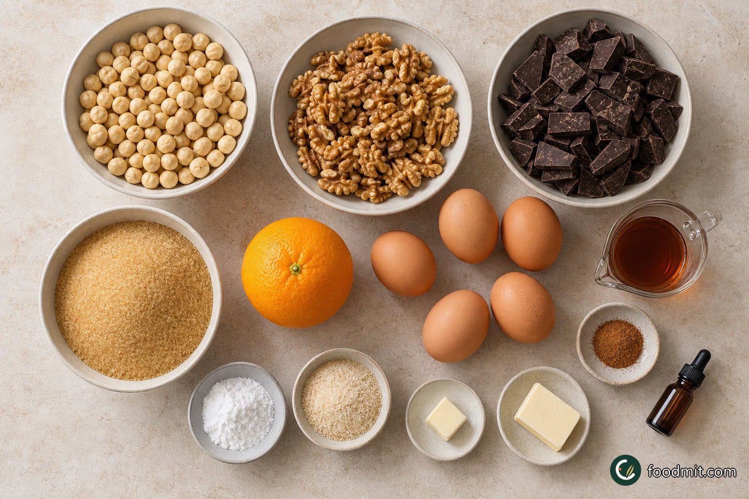 All ingredients for Italian Chocolate Nut Christmas Cake arranged on a table