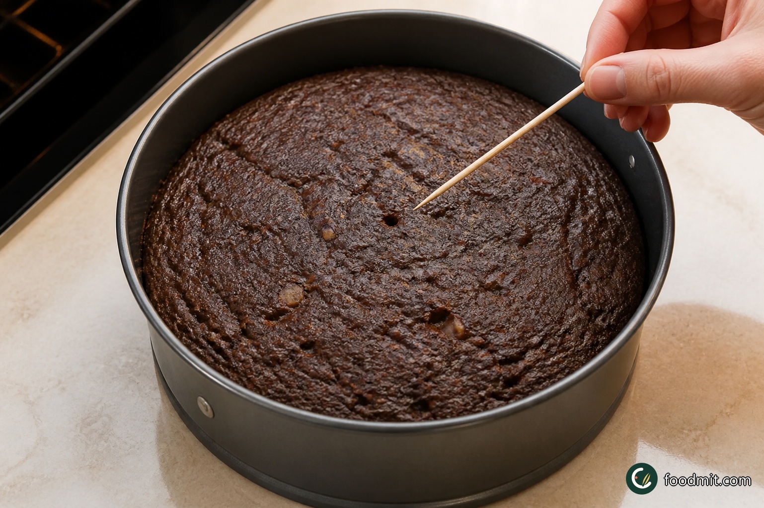 Bake on the center rack for 1 hour to 1 hour 10 minutes. Watch the surface near the end and lay a loose sheet of baking parchment over it for the final 10 minutes if it is browning too quickly. The cake is done when a cocktail stick inserted into the middle comes out dry.
