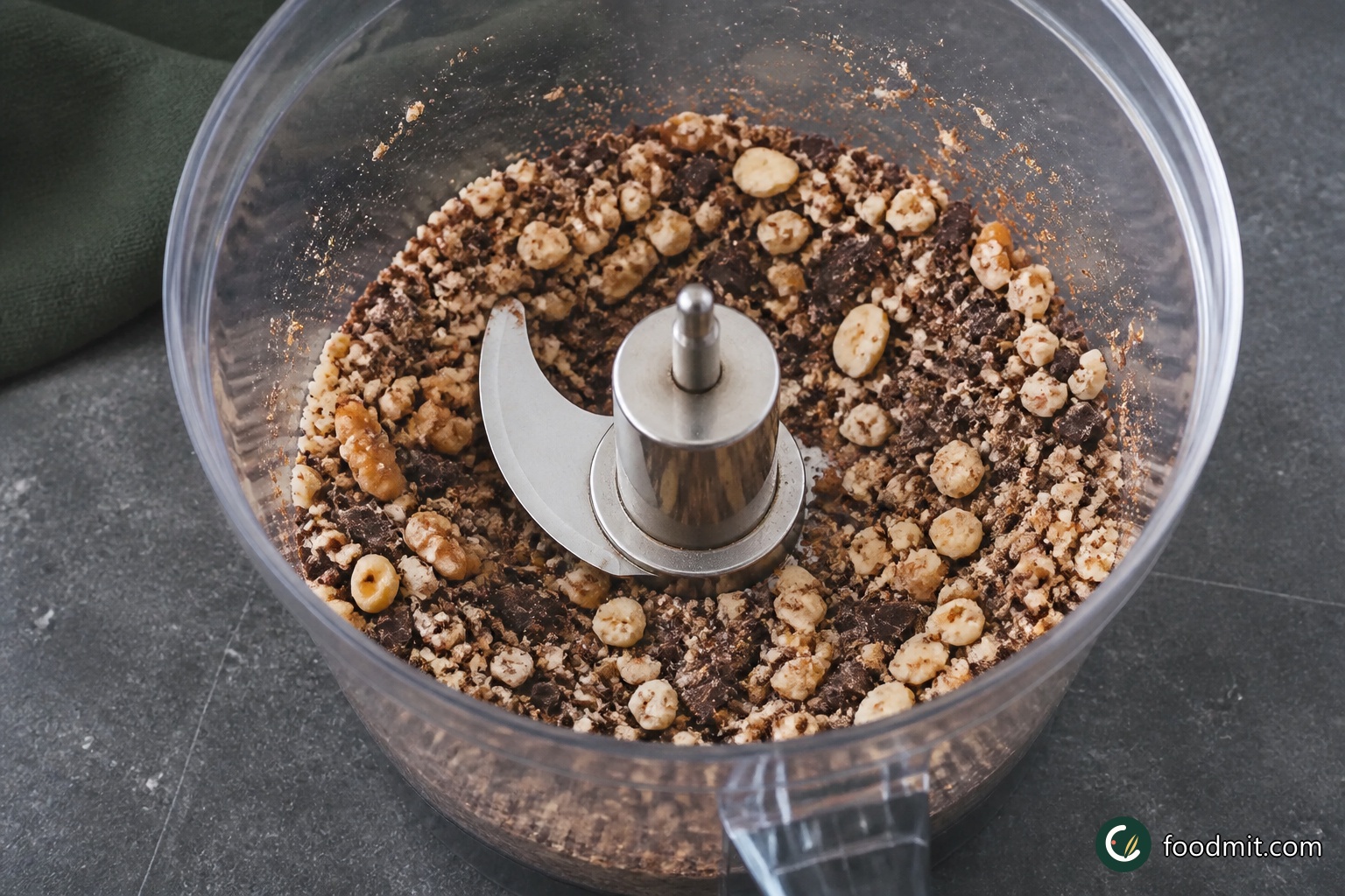 Put the hazelnuts and walnut pieces in a food processor, add the broken chocolate, and pulse in short bursts. Stop when everything resembles coarse, pebbly crumbs with visible small pieces; do not take it to a fine meal or paste. If working without a processor, chop the nuts and chocolate together carefully with a sharp knife.