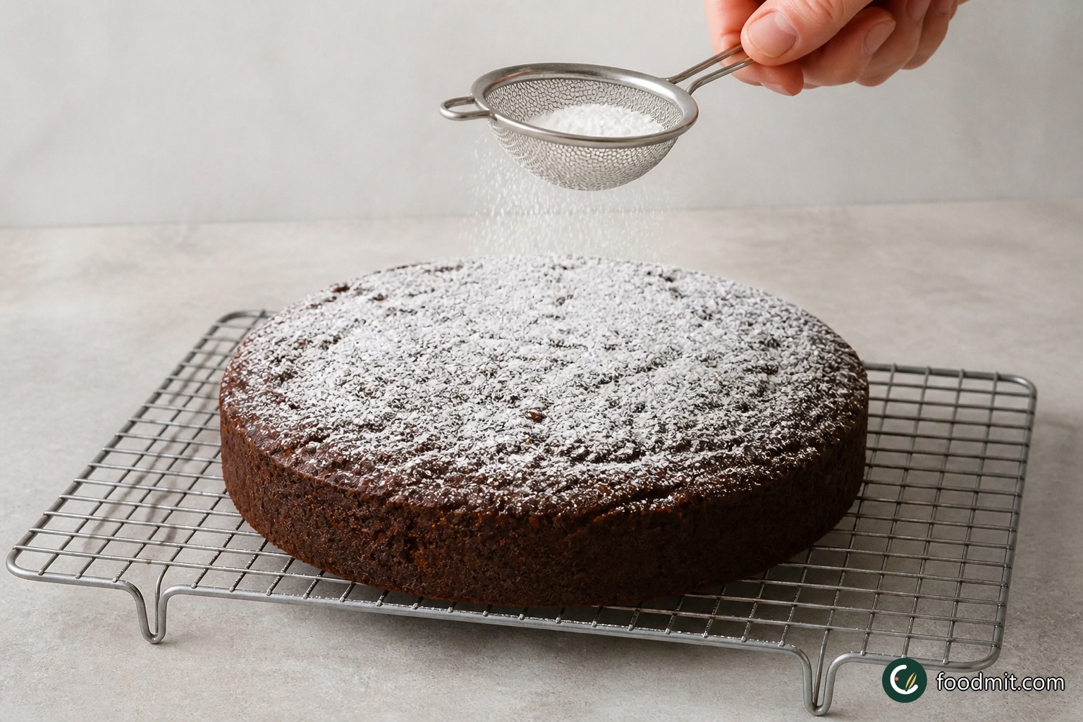 Leave the cake in its tin for a couple of minutes, then carefully turn it out onto a wire rack and let it cool completely. Dust the top generously with the icing sugar before serving. For storage, wrap the cold cake in foil, refrigerate it, and eat within two weeks; it may also be frozen, wrapped in foil.