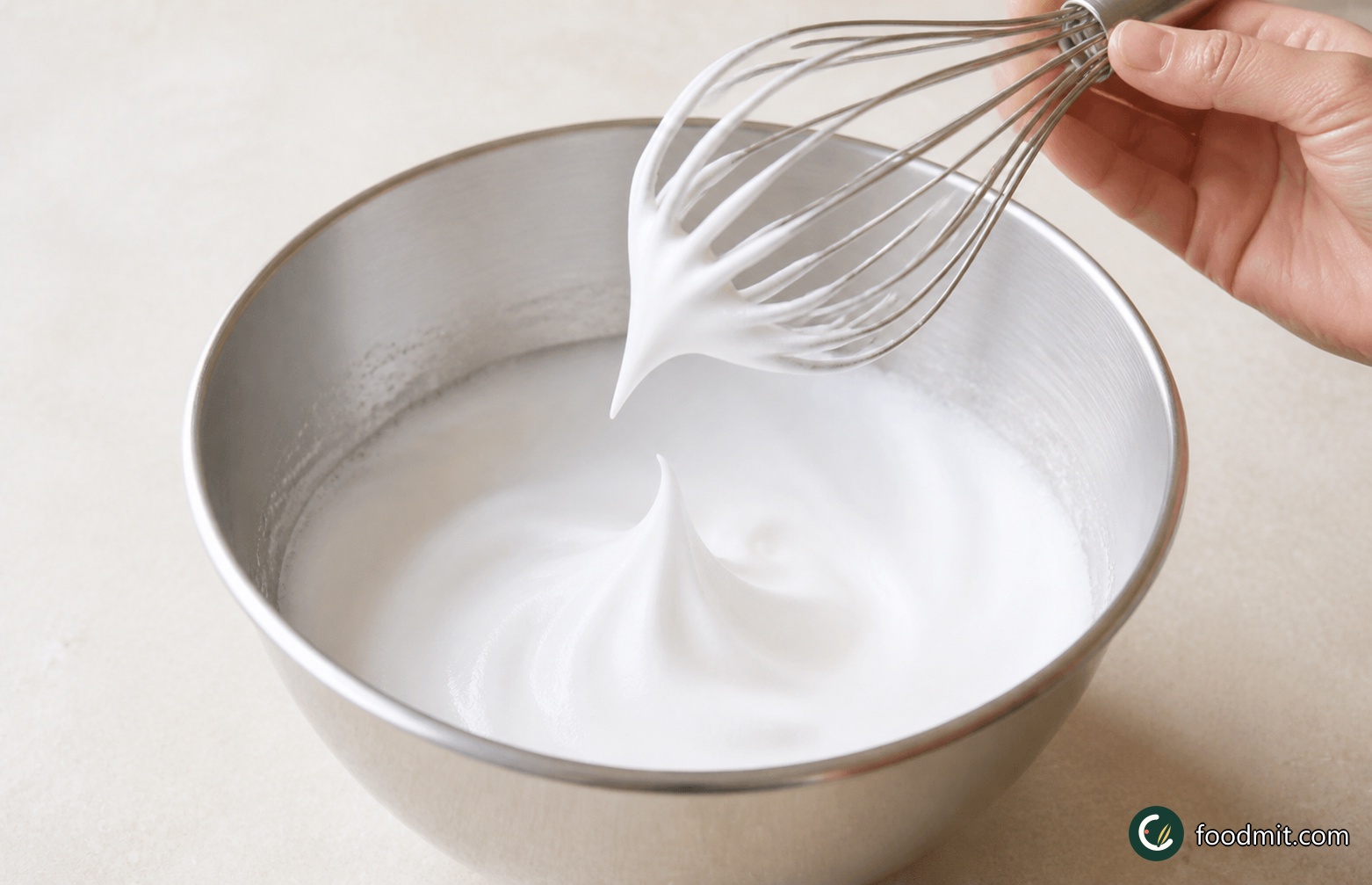 In a clean bowl, whisk the egg whites until they hold stiff peaks. Stop while the whites still look smooth and supple rather than dry or clumpy, since overwhipped whites are harder to fold into the dense chocolate base.