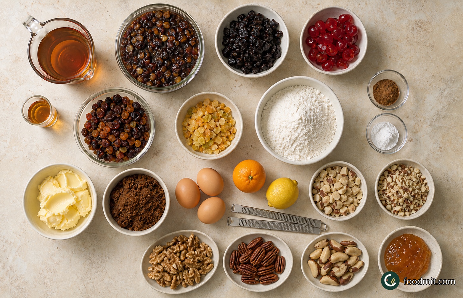 All ingredients for Last-minute Brandied Christmas Cake arranged on a table