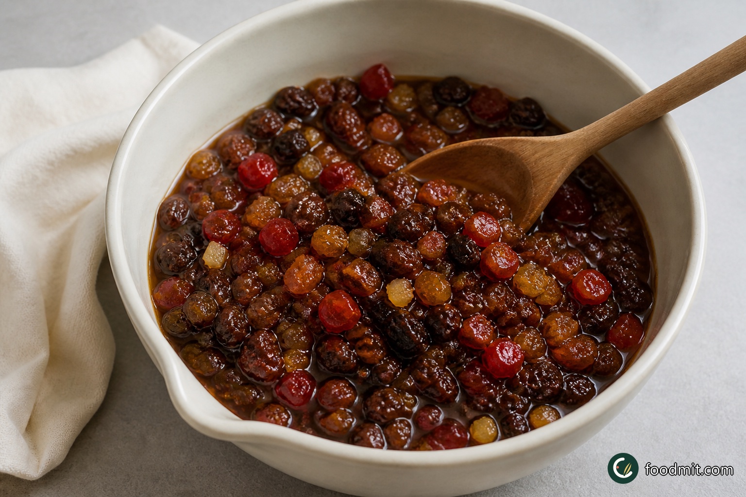 Several hours before baking, or the evening before, put the 150 ml brandy, mincemeat, chopped prunes, quartered glacé cherries, dried mixed fruit, and mixed peel in a bowl. Stir thoroughly so the brandy reaches all the fruit, cover the bowl with a clean cloth, and leave it in a cool place for a few hours or overnight. The mixture should look evenly moistened before it goes into the batter.