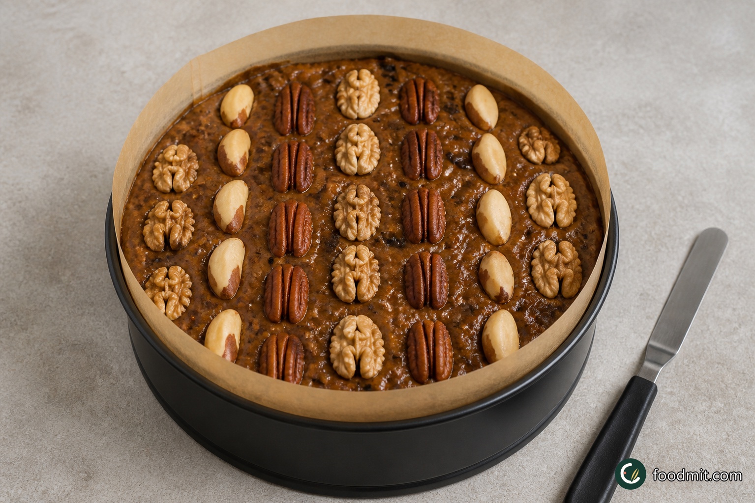 Spoon the heavy batter into the prepared tin and spread it level, taking care to push it fully to the edges. Arrange the walnut halves, pecan halves, and whole Brazil nuts in neat alternating rows across the surface. Keep the nuts resting on top rather than pressing them deeply into the batter, since they should remain visible and toast as the cake bakes.