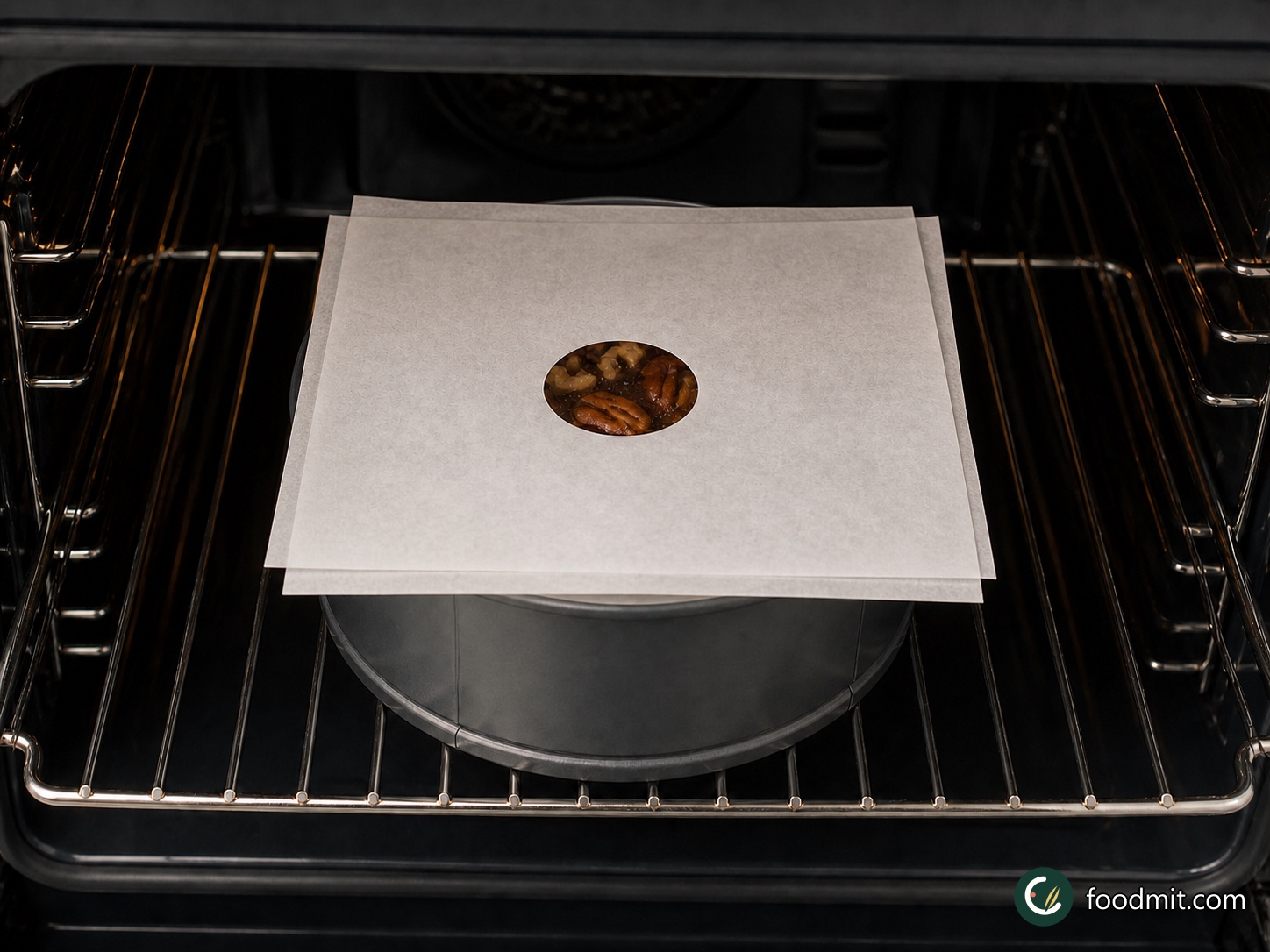 Lay the prepared double parchment cover over the tin, keeping the small opening above the middle of the cake. Set the tin on the center oven rack and bake for about 2 hours. At the end of the baking time, lift the cover carefully and press the center very gently; the cake is ready when the surface rises back under your fingertip rather than retaining an indentation.