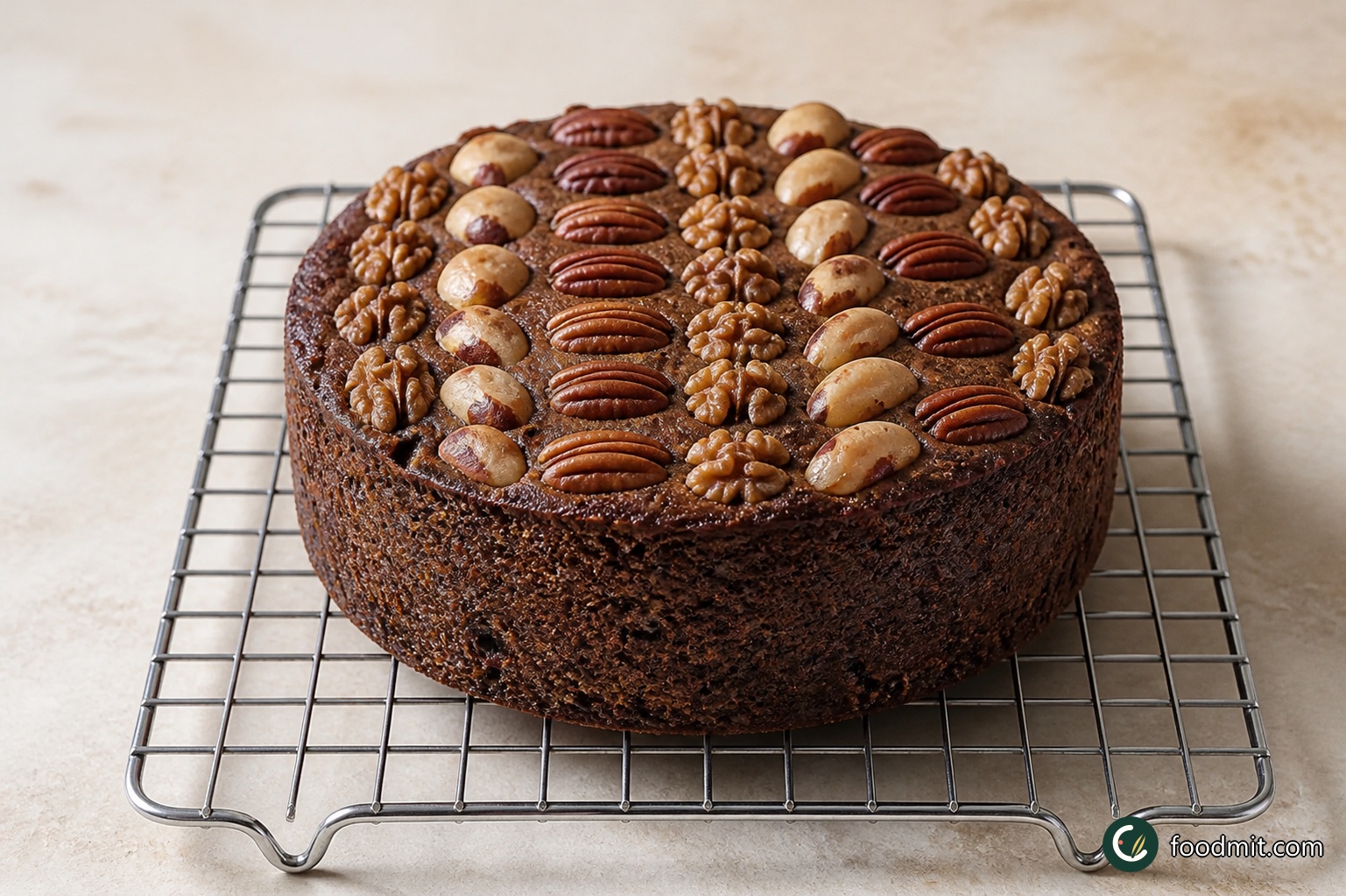 Leave the baked cake undisturbed in its tin for 30 minutes so the rich crumb can settle. Release it carefully, peel away the parchment from the base and sides, and transfer the cake to a wire rack. Let it finish cooling there; supporting the base as you move it will help protect the nut-covered top and prevent the warm cake from cracking.