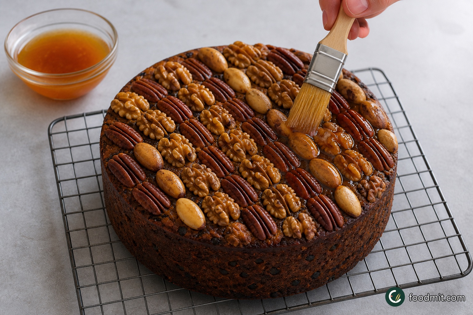 Warm the sieved apricot jam with the remaining tablespoon of brandy over gentle heat, stirring until the mixture is smooth and brushable. Paint the warm glaze over the whole nuts to give the top an even shine, then allow it to set before wrapping or serving. Once completely cool, keep the cake in an airtight tin, or wrap it first in two layers of greaseproof paper and then foil. Stored this way, it should remain moist for 3 to 4 weeks.