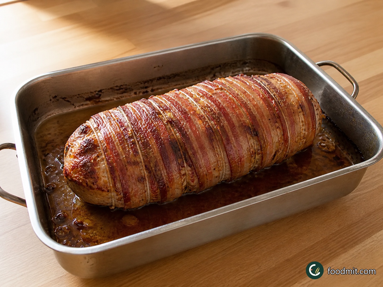 Place the roll in a roasting tin and cover it with foil. Roast for 1 hour 20 minutes in total, using 40 minutes per kilogram if the breast is a different weight. Remove the foil for the final 20 minutes so the bacon can brown and crisp. Pierce the thickest part at the center; the escaping juices should be clear rather than pink.