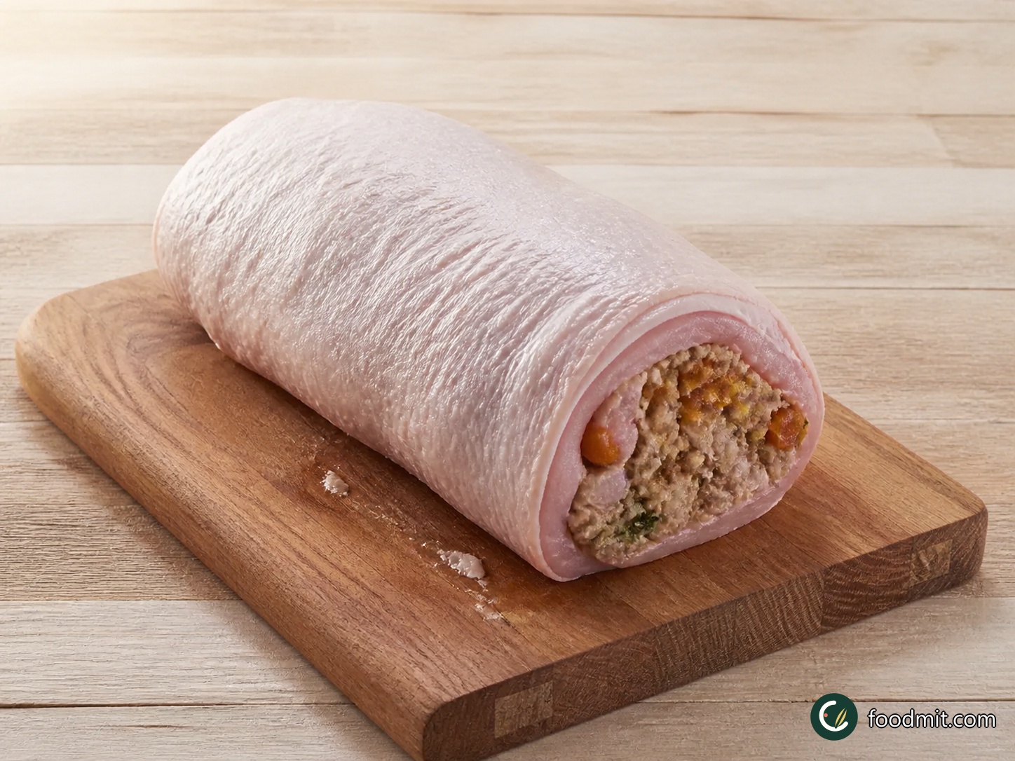 Set the butterflied breast skin-side down on a clean chopping board, with a long edge facing you. Spread the stuffing in an even layer over the meat. Starting at the long edge nearest you, roll the turkey up firmly into a compact log. Turn it seam-side down so it holds together while you add the bacon.