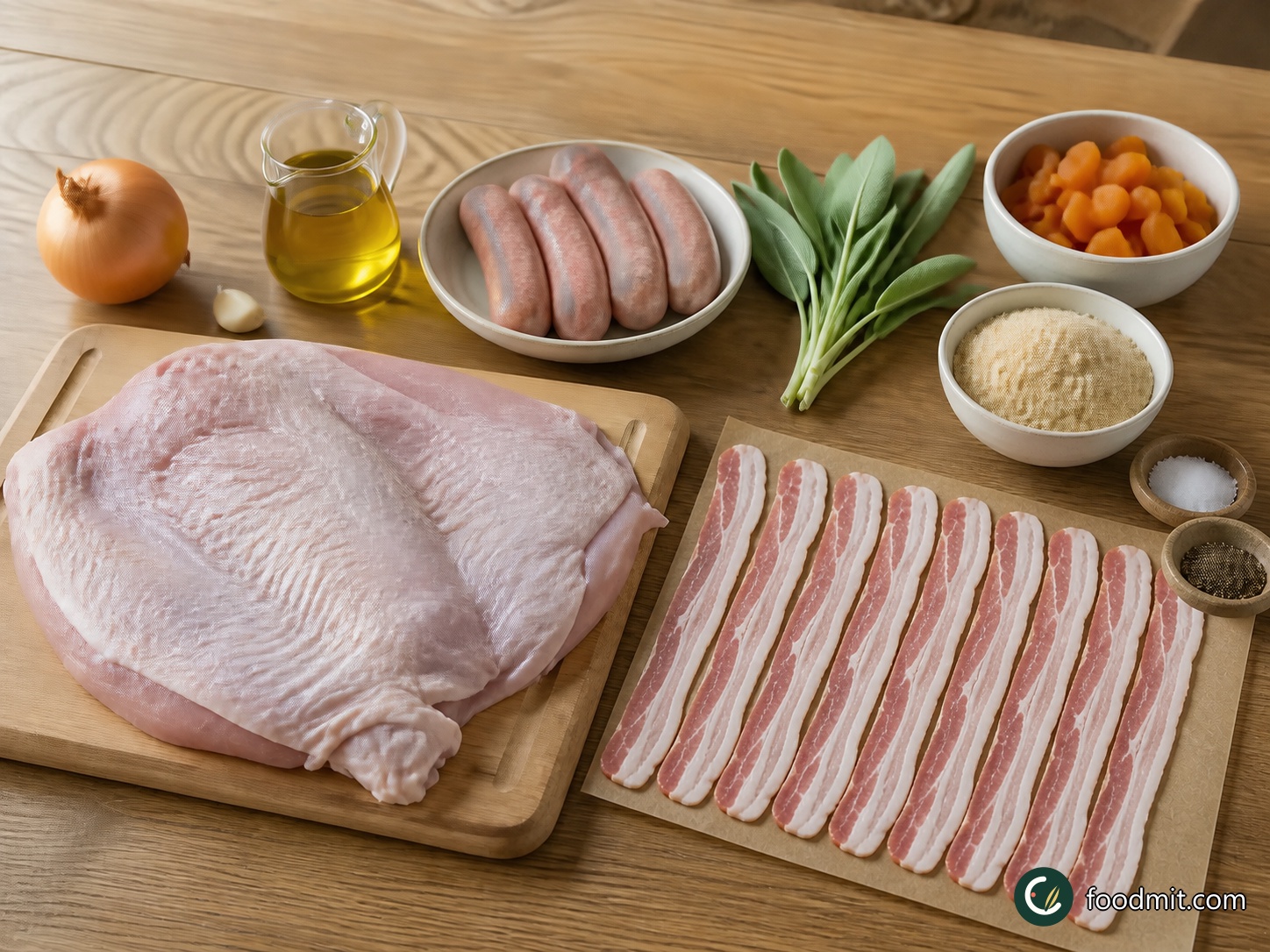 All ingredients for Turkey breast with sausage & apricot stuffing arranged on a table