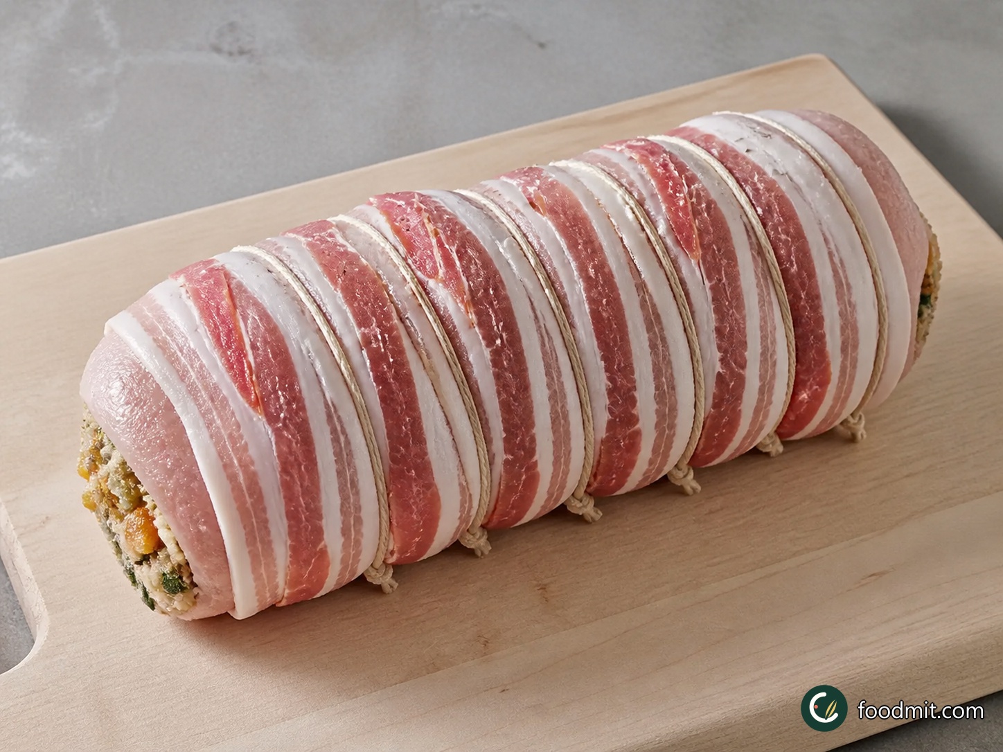 Lay the streaky bacon rashers crosswise over the full length of the roll. Secure everything with 5 or 6 separate lengths of kitchen string, spacing them about 5 cm apart and knotting them firmly enough to hold the shape. Drizzle the outside with a little olive oil, then season with sea salt and black pepper.