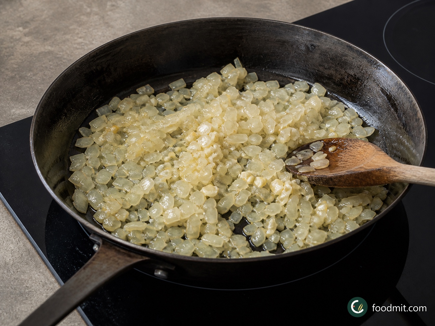 Peel the onion and garlic, then chop both finely. Warm a small drizzle of olive oil in a frying pan over medium heat. Cook the onion, stirring now and then, until completely translucent. Add the garlic and continue just until it turns golden. Take the pan off the heat and let the mixture cool fully; this keeps the sausage filling firm and easy to handle.
