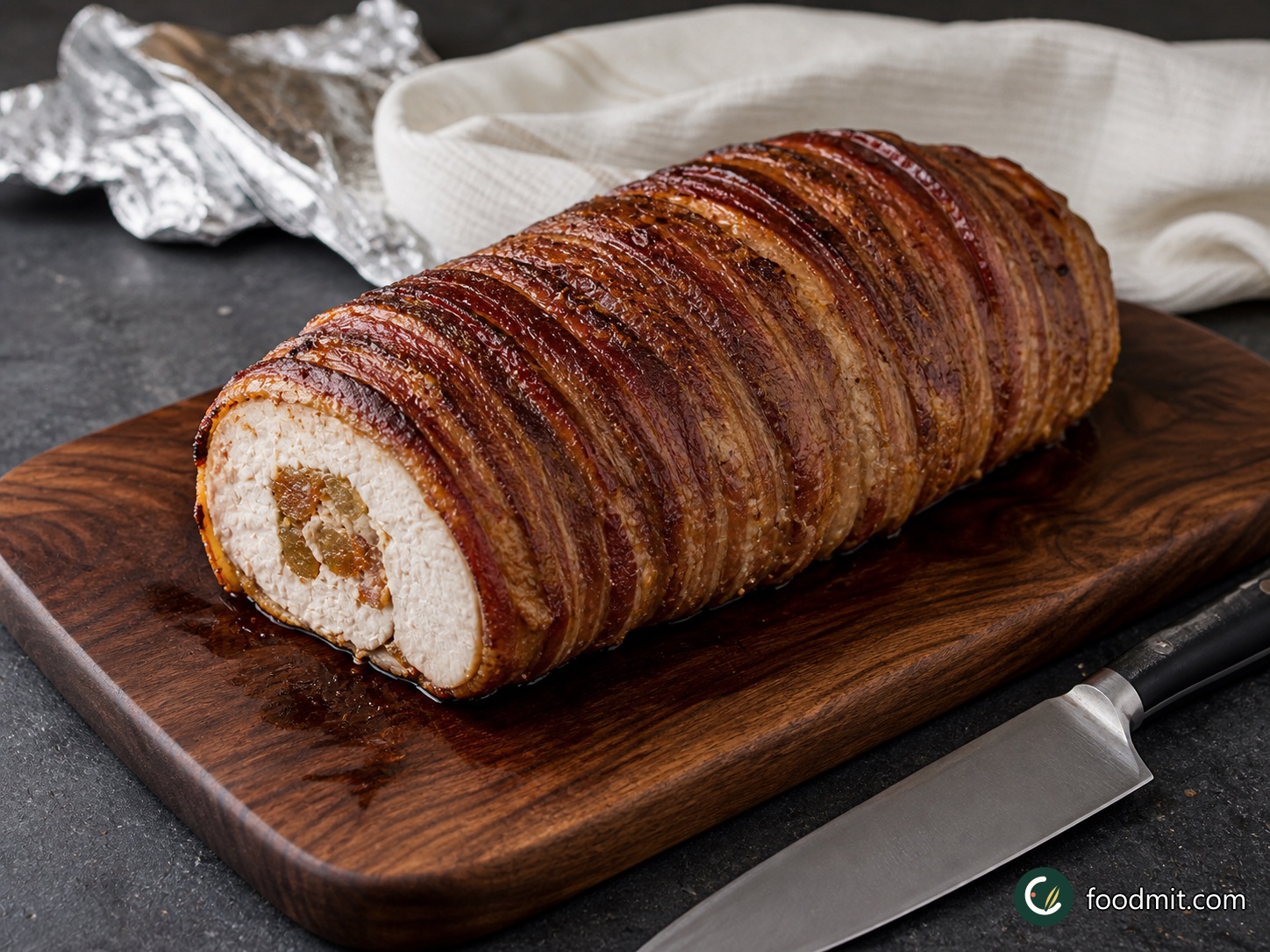 Move the roast to a clean board. Cover it loosely with foil and lay a clean tea towel over the top, then leave it undisturbed for 20 to 30 minutes. The rest allows the juices to settle and the stuffing to firm, so the roll is less likely to lose moisture or break apart when sliced. Remove the string before serving.