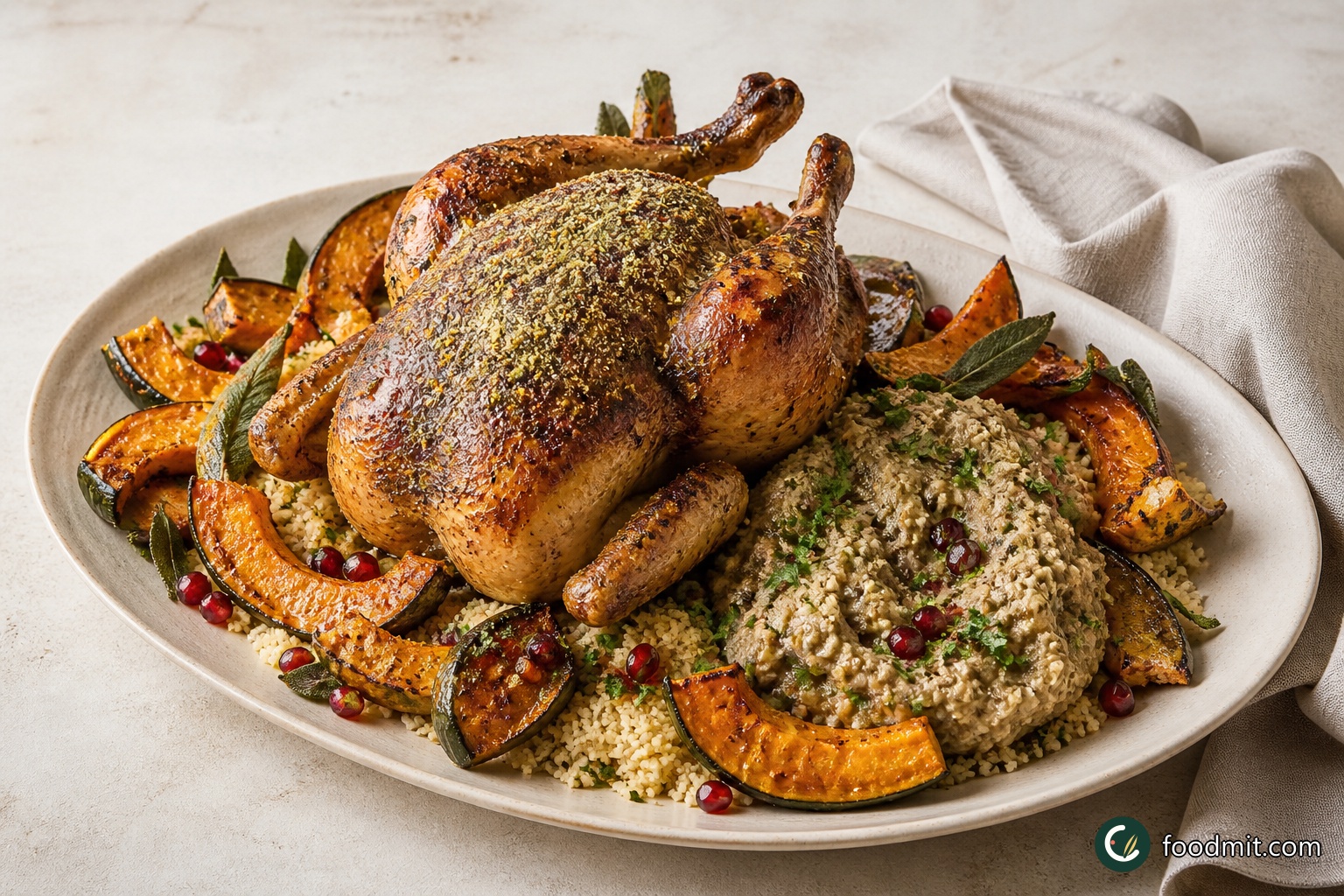 Dukkah roast chicken and smashed aubergine