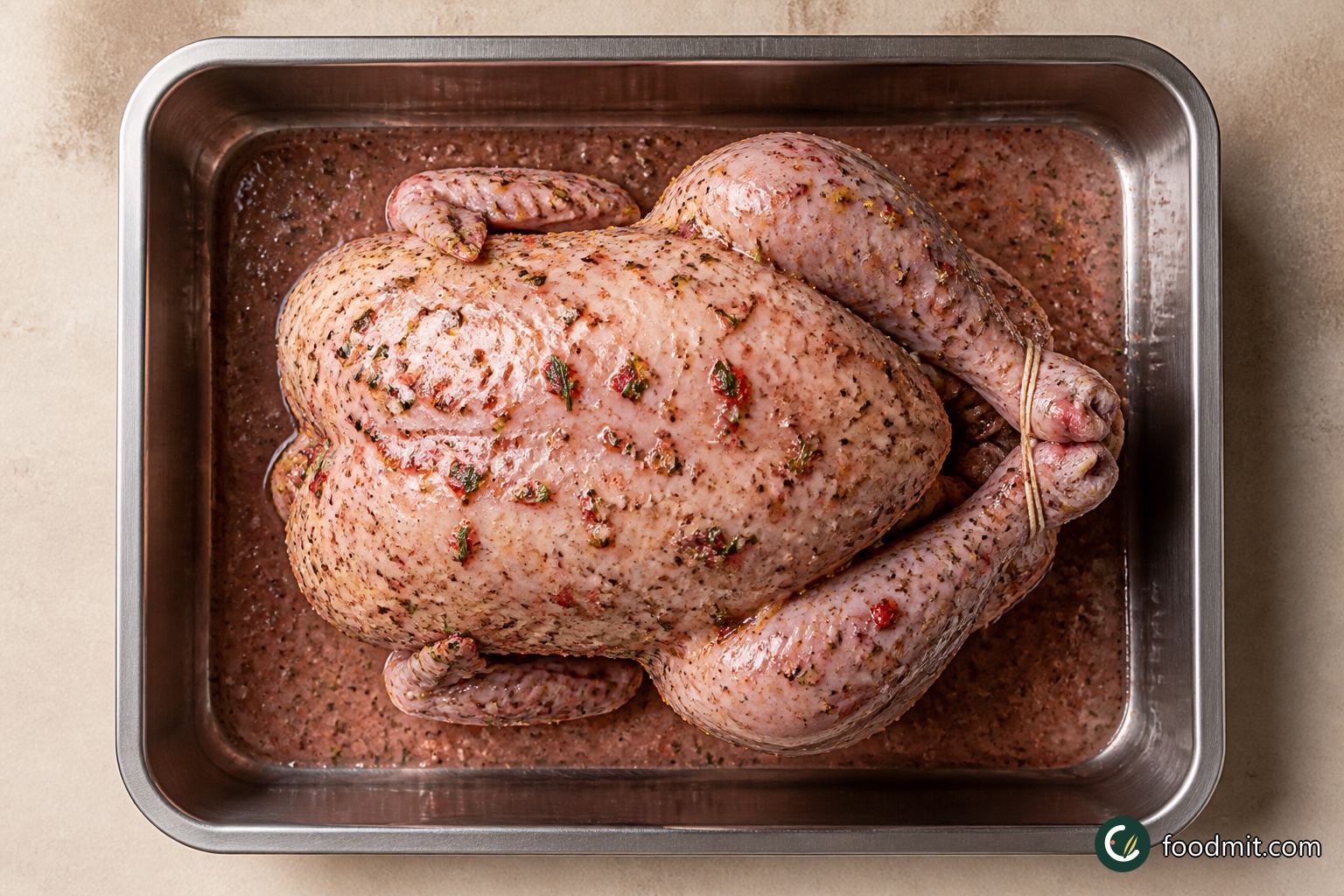 Place the whole chicken in the prepared tray. Turn and rub it thoroughly in the pomegranate mixture, working the chopped lemon, chilli and rosemary over the breast, legs, underside and folds around the joints. Leave the coated bird in its tray while you prepare the aubergines and squash.